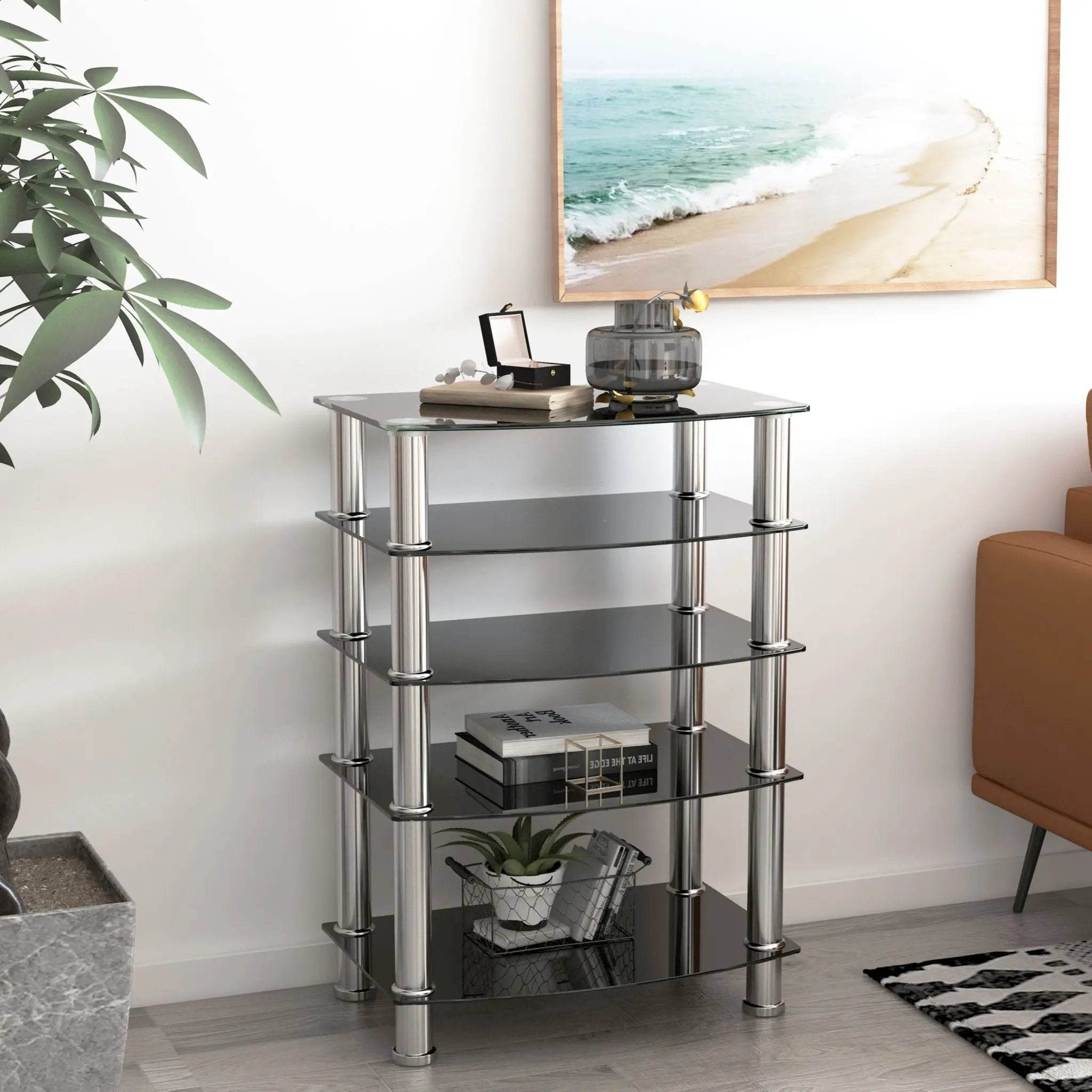 5 Tier Tempered Glass Side Table, Stainless Steel Frame End Table For Living Room, Bedroom - Black by Unique Piece Furniture