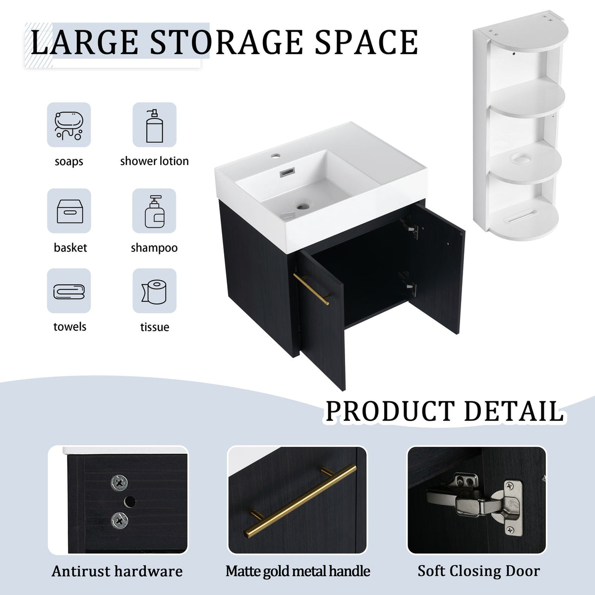 Modern Wall Mounted Bathroom Vanity With Thick Edge Resin Sink And Storage Rack, photo 5 of 21