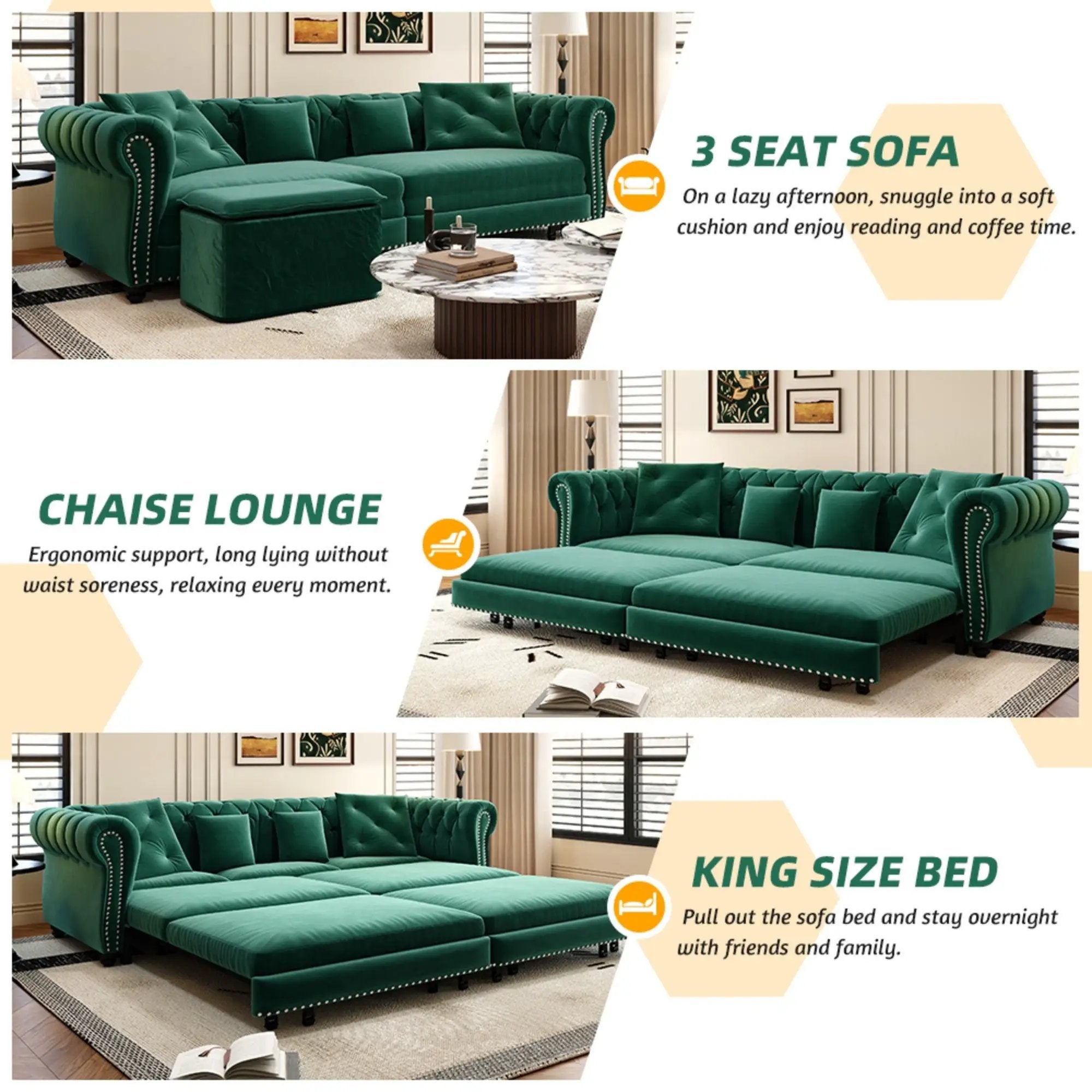3 In 1 Pull Out Convertible Sleeper Sofa Bed, King Size, Chaise Lounge