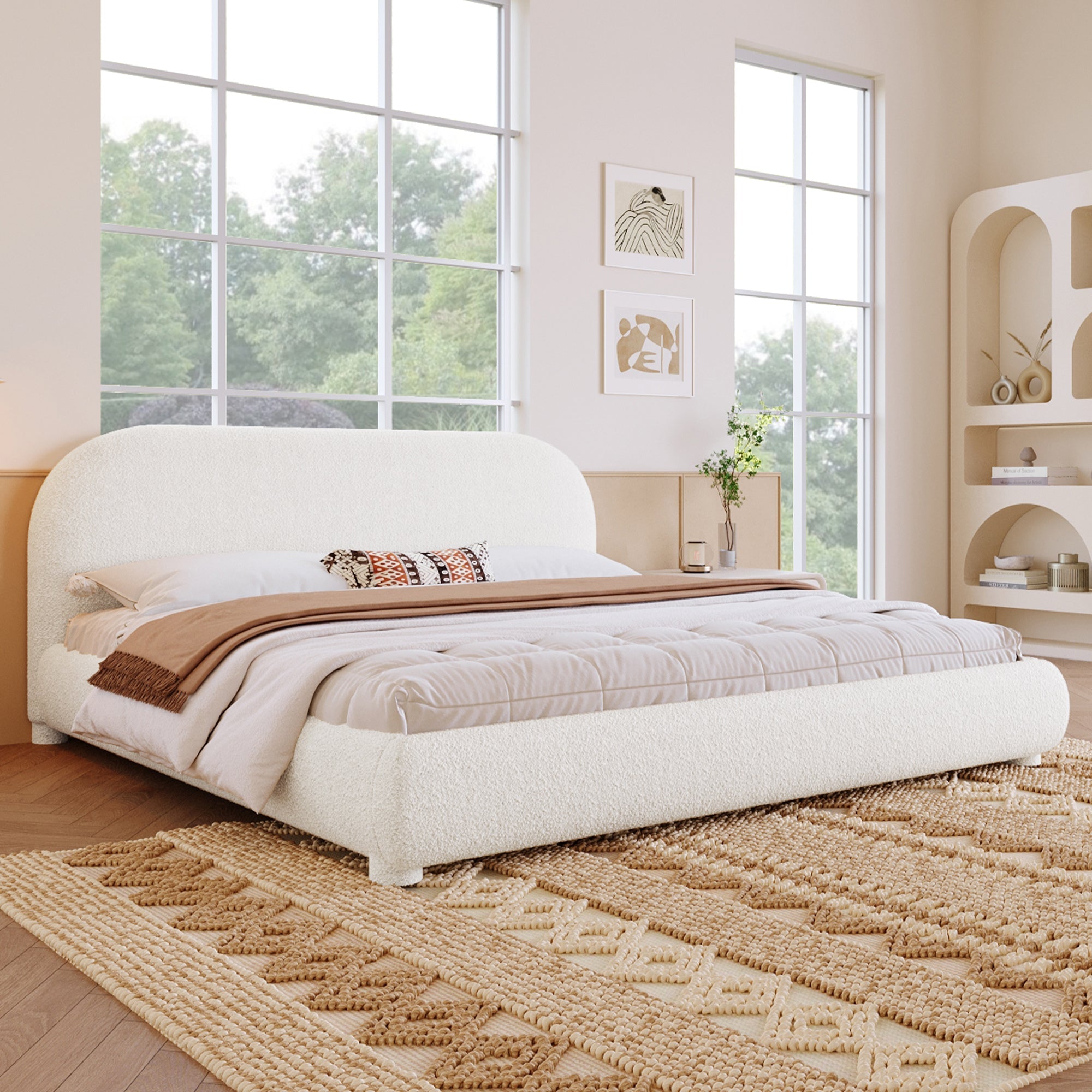 Cream Style Fabric Upholstered Bed, Simple Modern Bedroom Double Bed, Queen by HouseOfZazla