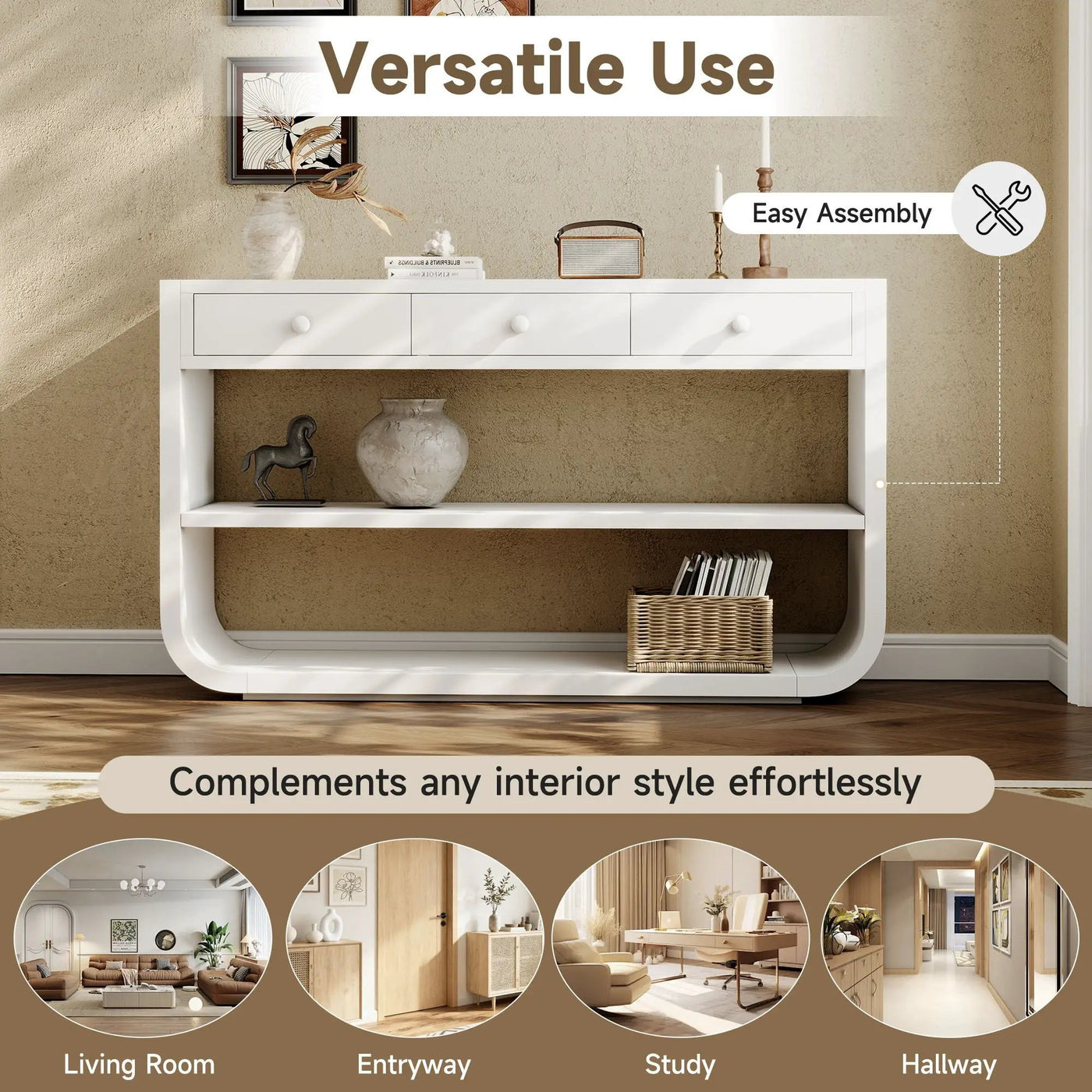 Console Table With 3 Soft Close Drawers & 2 Open Shelves by HouseOfZazla
