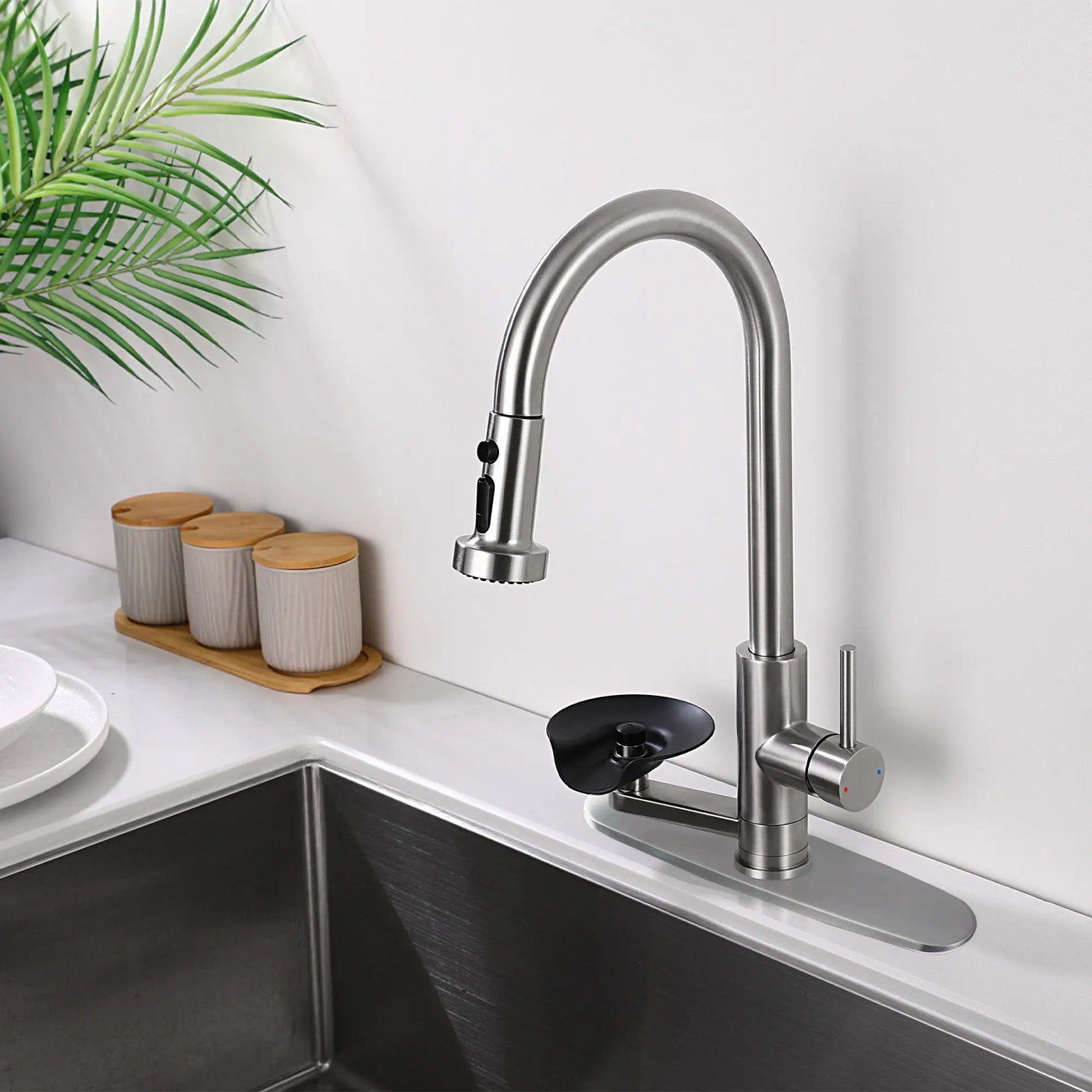 3 In 1 Kitchen Faucet With Press Type Glass Rinser, High Arc Pull Down Sprayer by HouseOfZazla