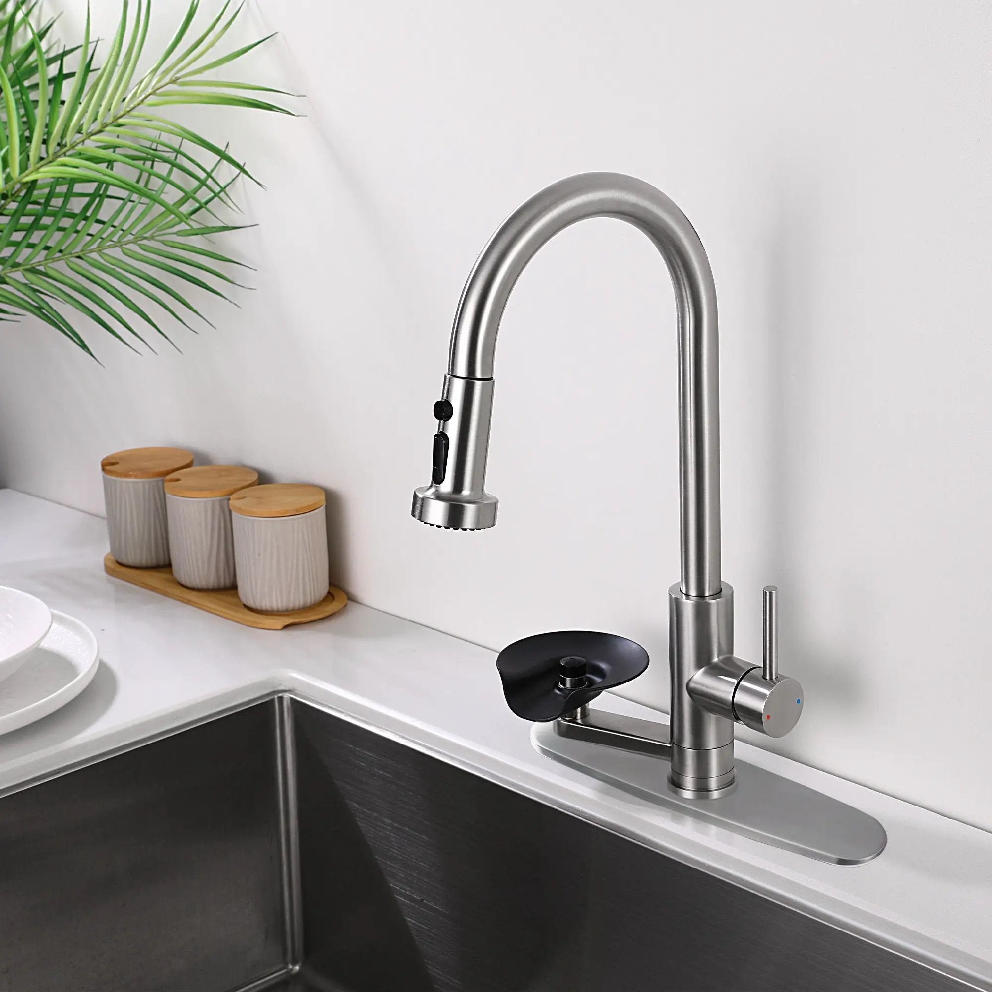 3 In 1 Kitchen Faucet With Press Type Glass Rinser, High Arc Pull Down Sprayer by HouseOfZazla