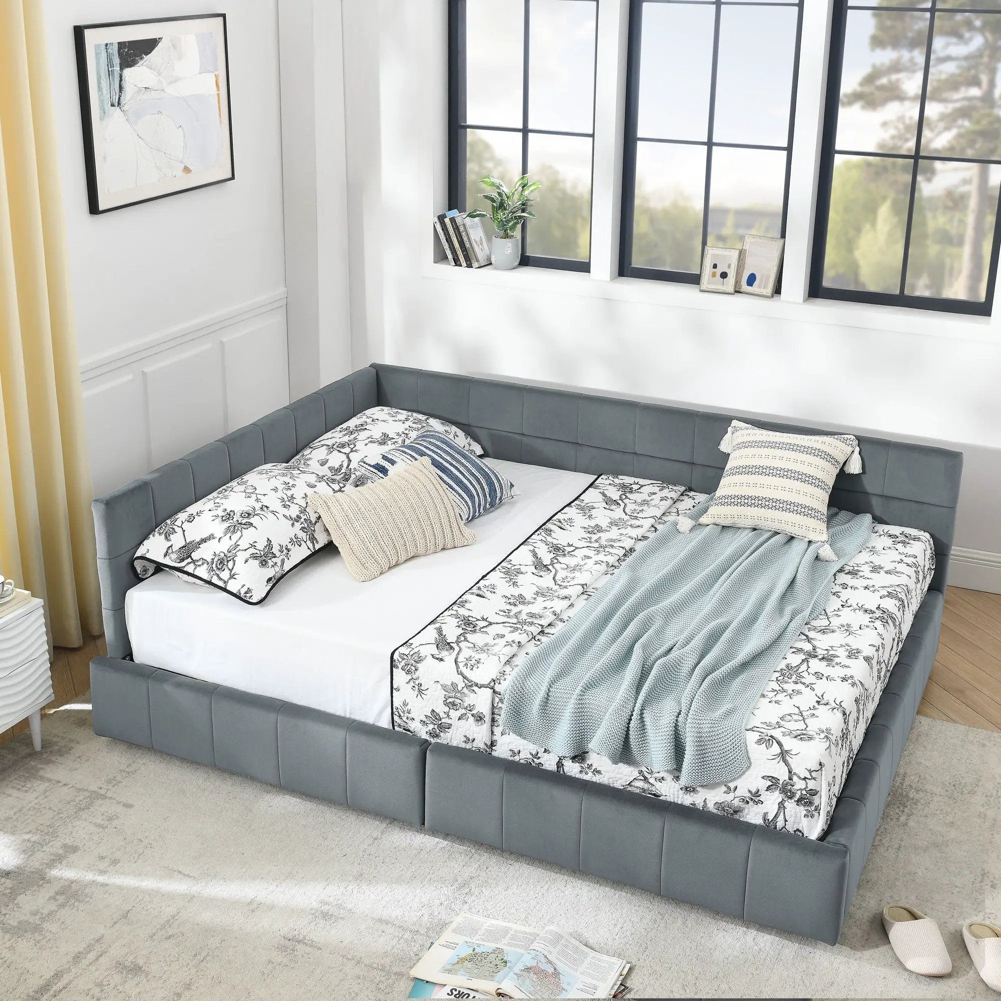 Mid-Century Storage Upholstered Tufted Bed Frame With Backrest And Armrests by Unique Piece Furniture