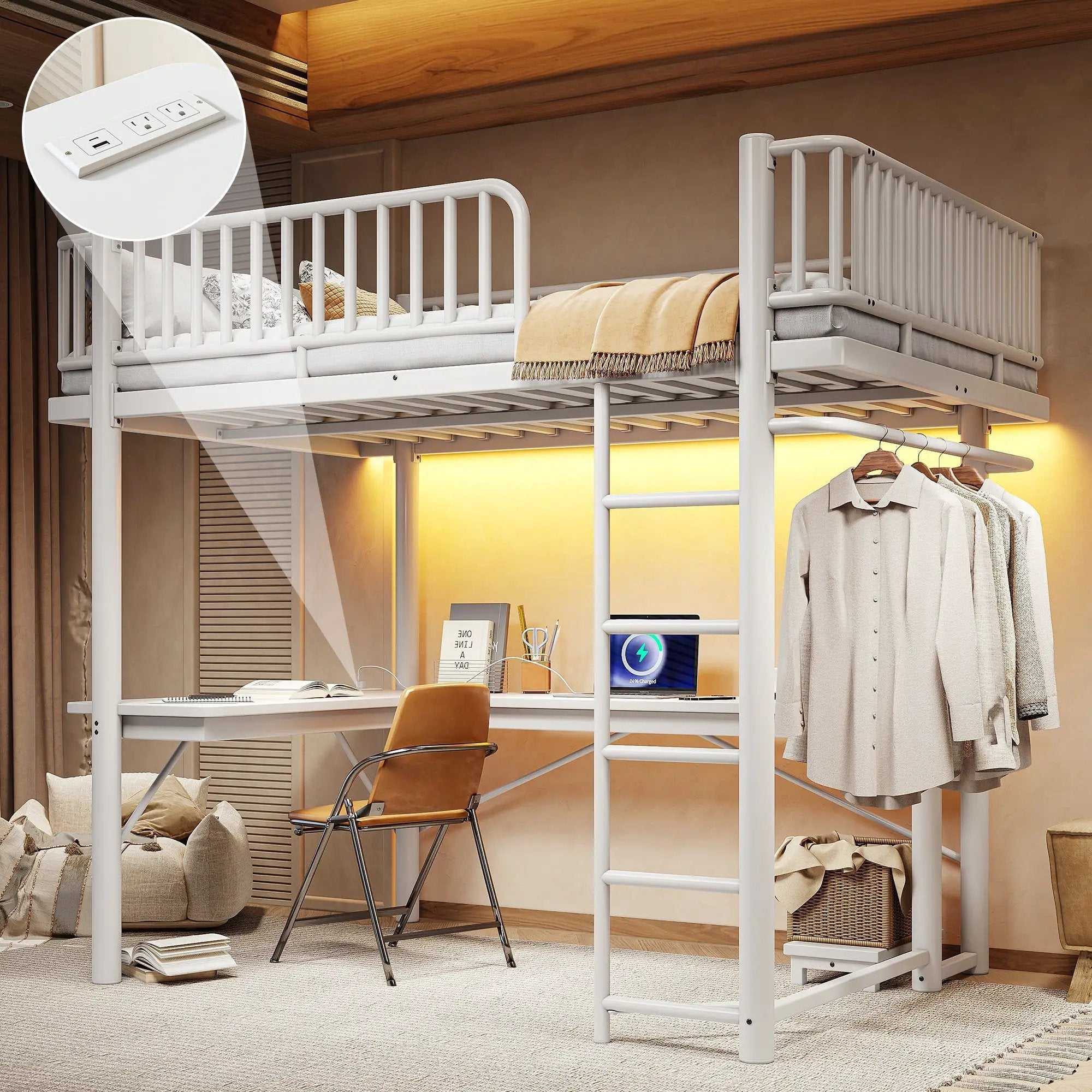 Full Loft Bed with L-Shaped Desk and LED Light Strip by HouseOfZazla