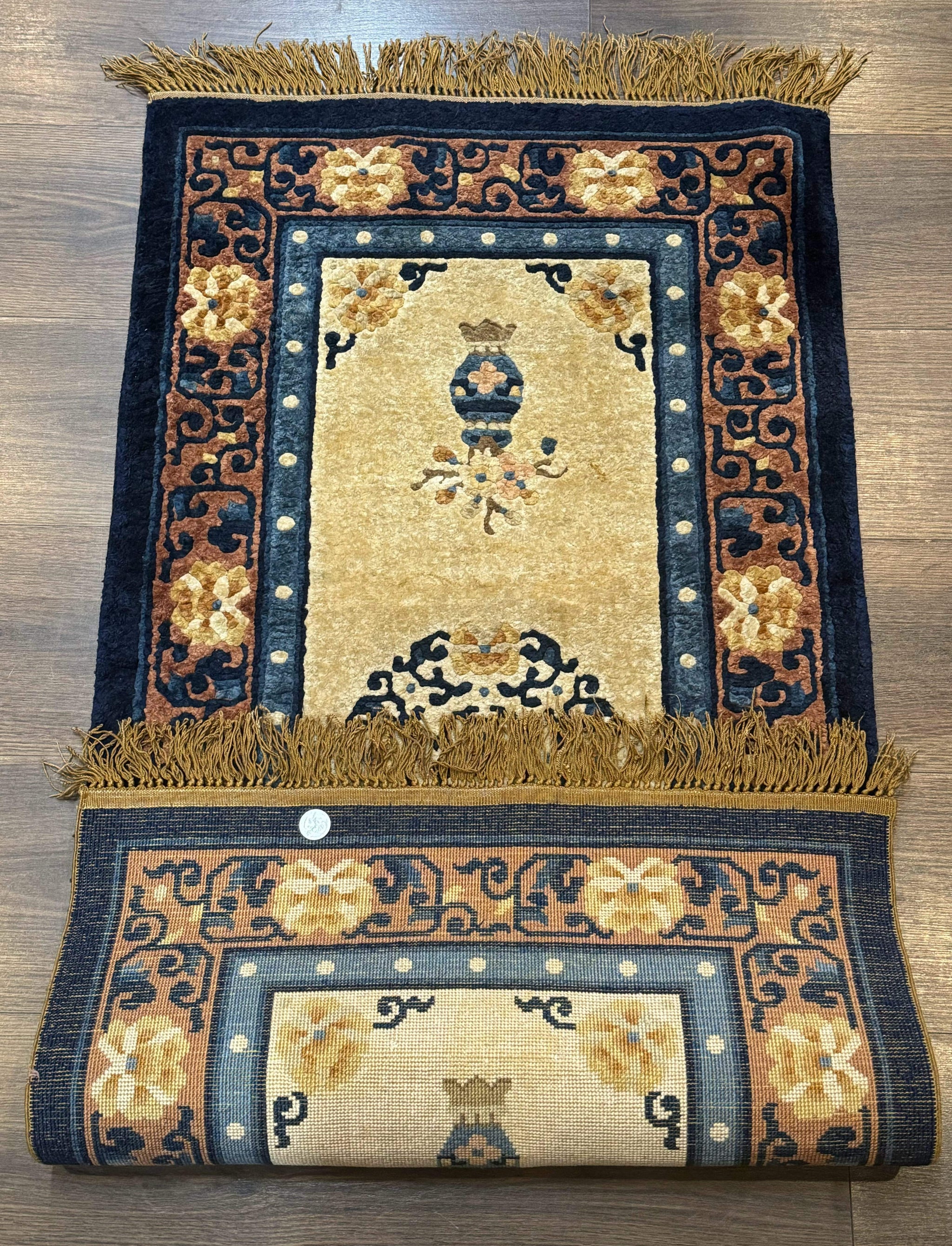 Silk Chinese Rug 2x4, Peking Carpet, Golden-Beige and Blue, Hand Knotted, Simple Design by Jewel Rugs