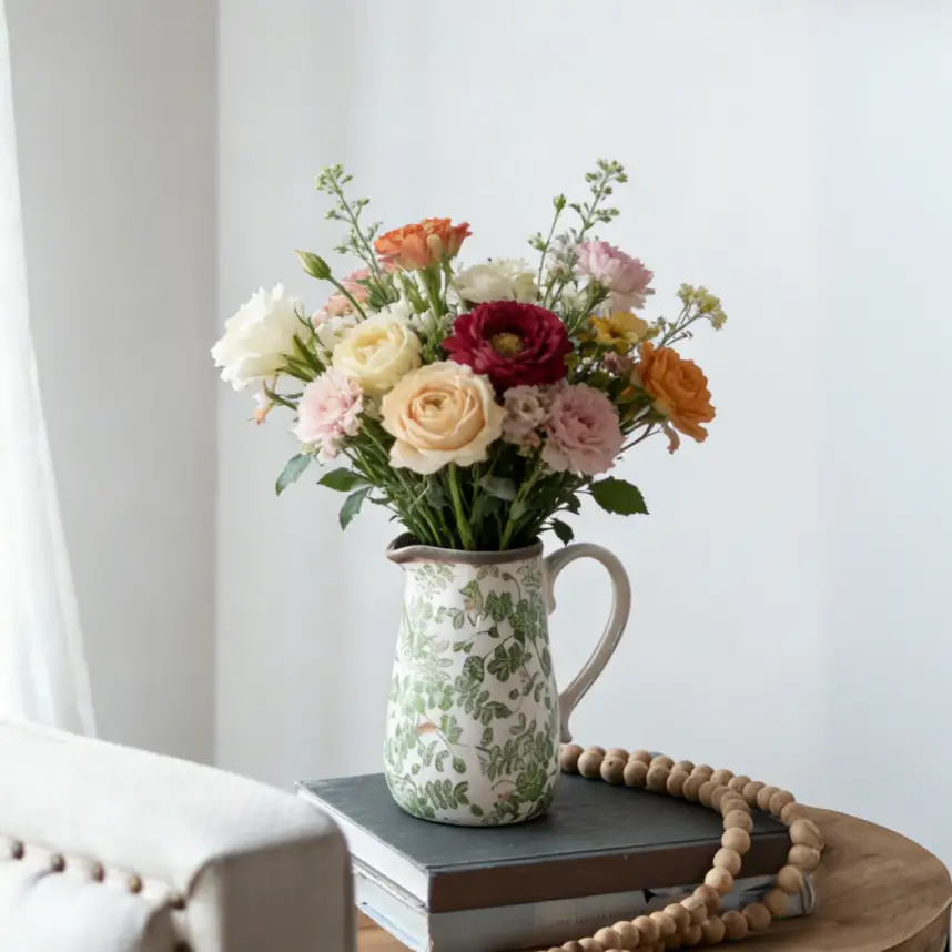 6.3x4.5x7.1' White Ceramic Pitcher Vase with Green Floral Pattern by HouseOfZazla