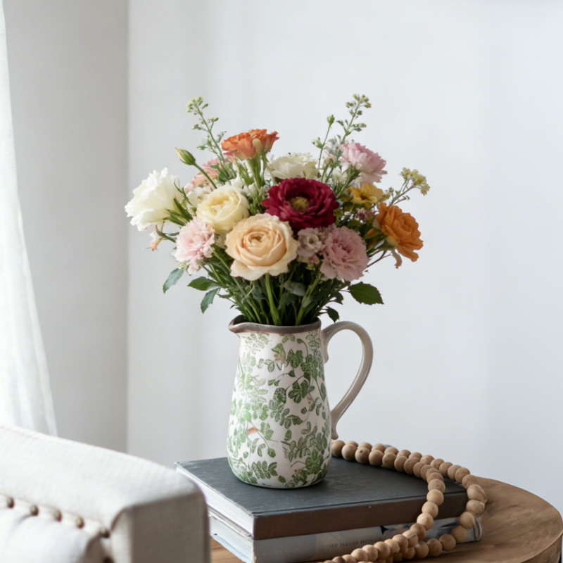 6.3x4.5x7.1' White Ceramic Pitcher Vase with Green Floral Pattern by HouseOfZazla