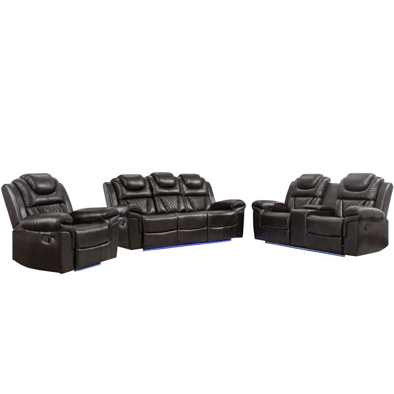 3 Pieces Recliner Sofa Sets Home Theater Seating Manual Recliner Chair With Center Console And LED Light Strip For Living Room by HouseOfZazla
