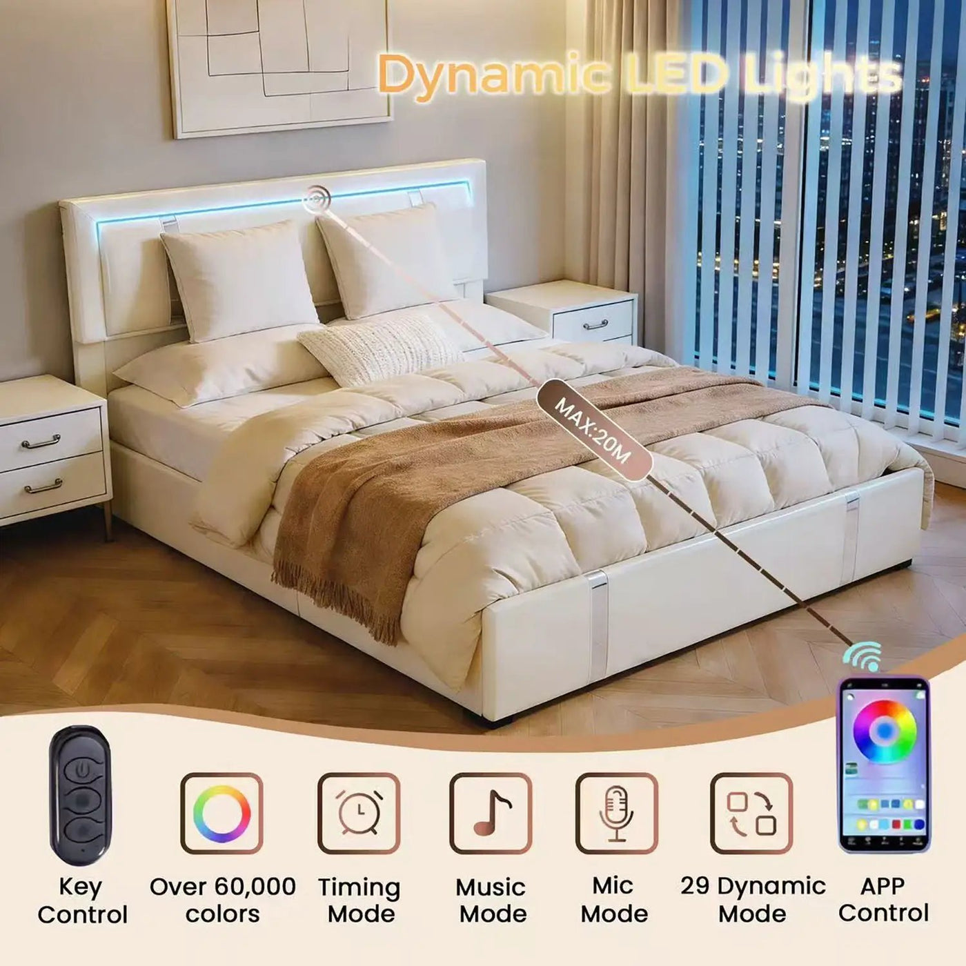Upholstered Platform Bed Frame With Adjustable LED Headboard, USB C-Charging, Hydraulic Lift by HouseOfZazla