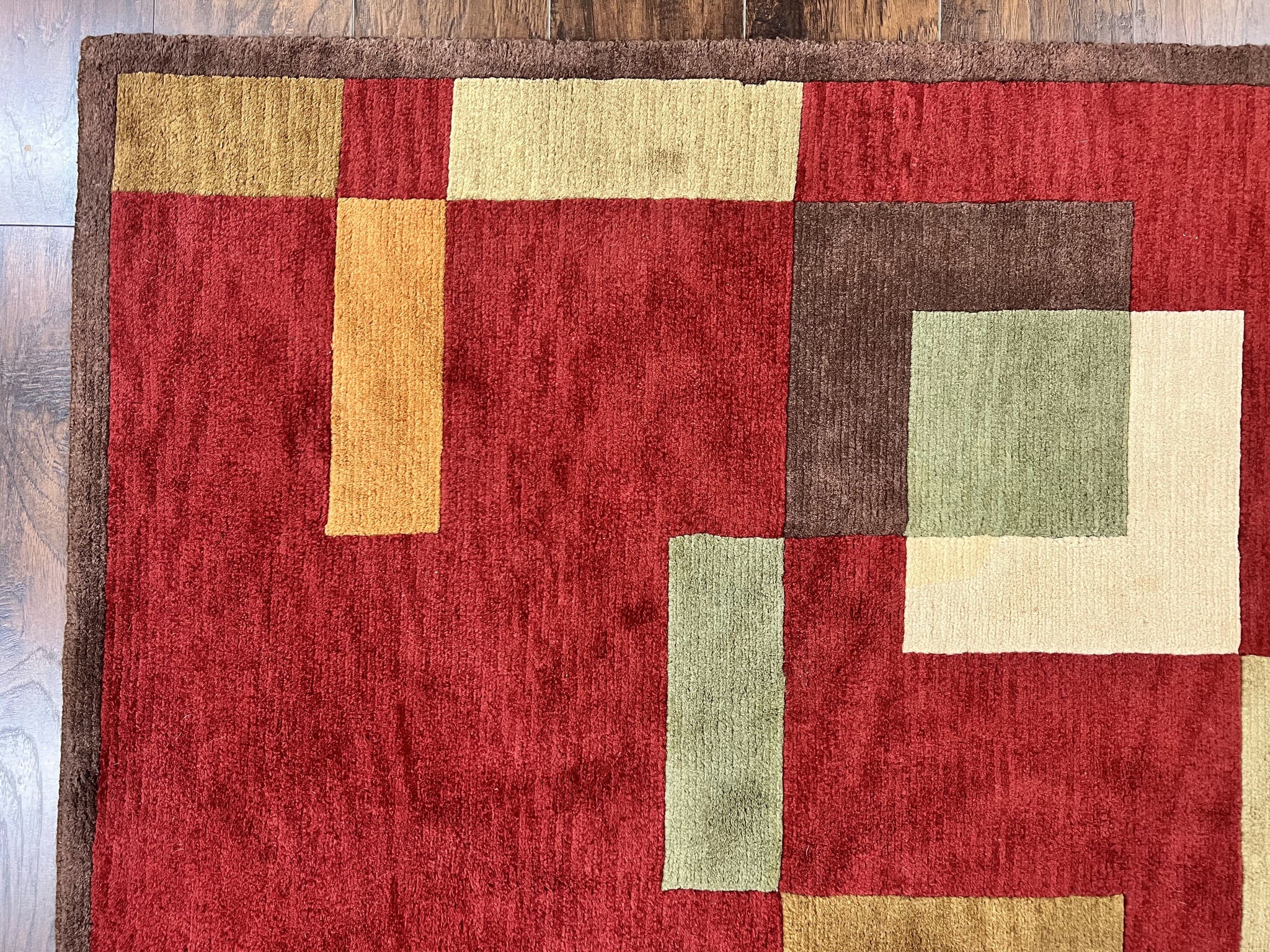 Indo Tibetan Modern Rug 5x8, Abstract Rug 5 x 8 ft, Red Multicolor Wool Handmade Contemporary Area Rug by Jewel Rugs