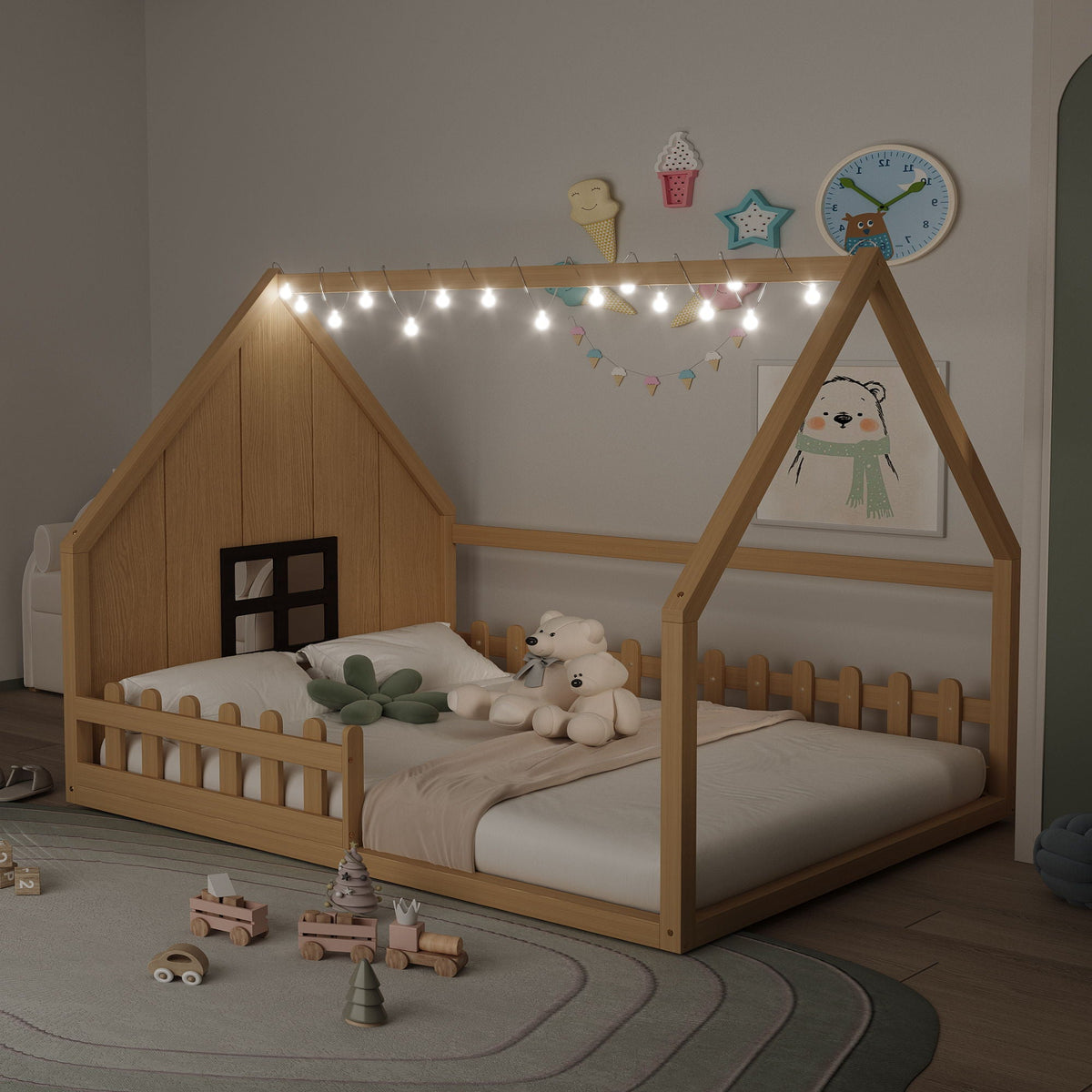 Full Size House Bed with Window and Fence - Solid Pine, photo 14 of 32