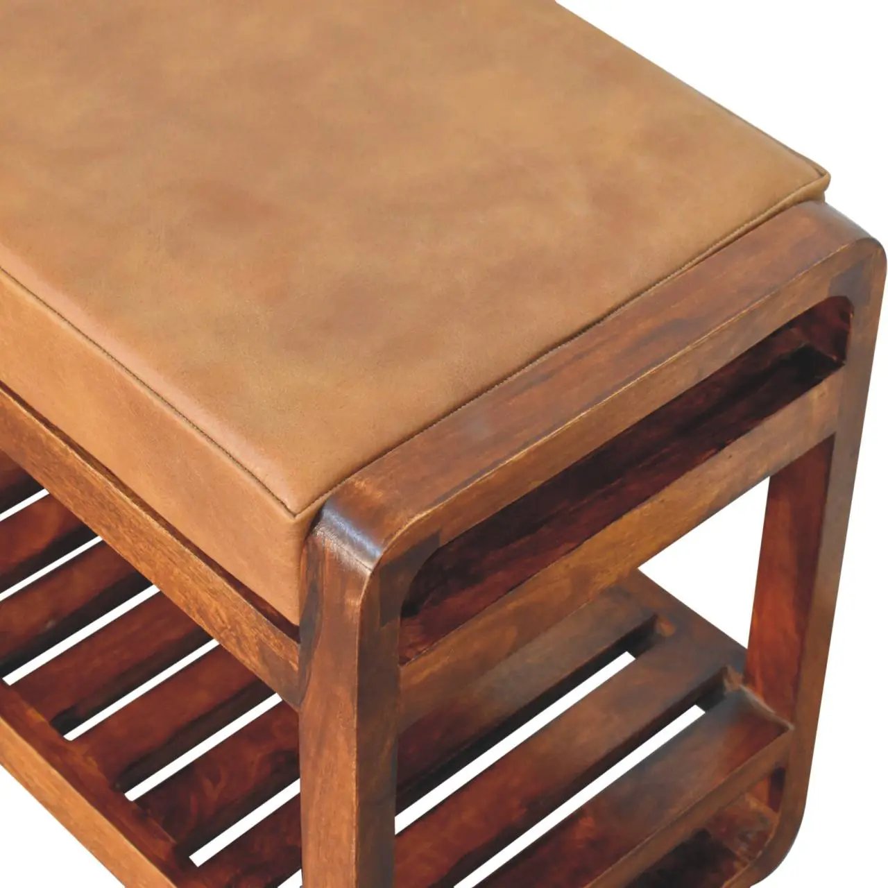 Solid Wood Small Buffalo Slatted Bench, Leather Upholstered, Open Storage by HouseOfZazla