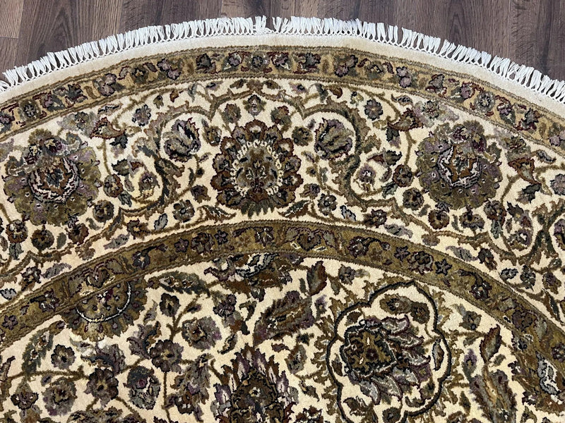 Round Indo Persian Rug 8x8 ft, Large Hand Knotted Vintage Wool Circular Carpet, 8ft Round Oriental Rug, Floral Medallion, Cream and Green by Jewel Rugs