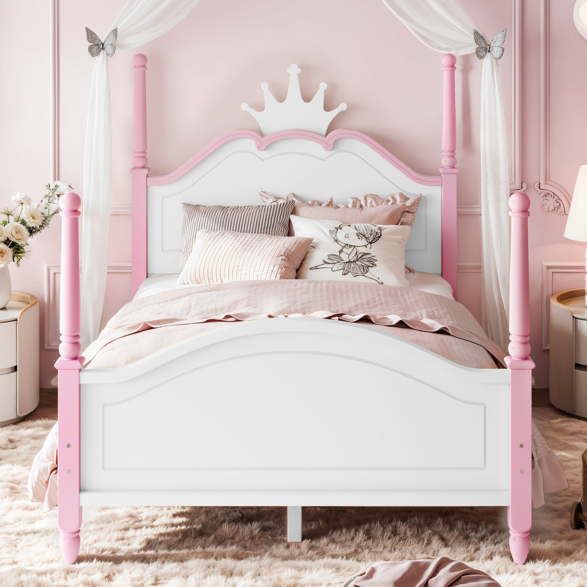 Full Size Crown Shaped Platform Bed, Four Poster Stylish Wooden Bed Frame, Elegant Curved Headboard Bed Frame For Bedroom,White&Pink, photo 2 of 10