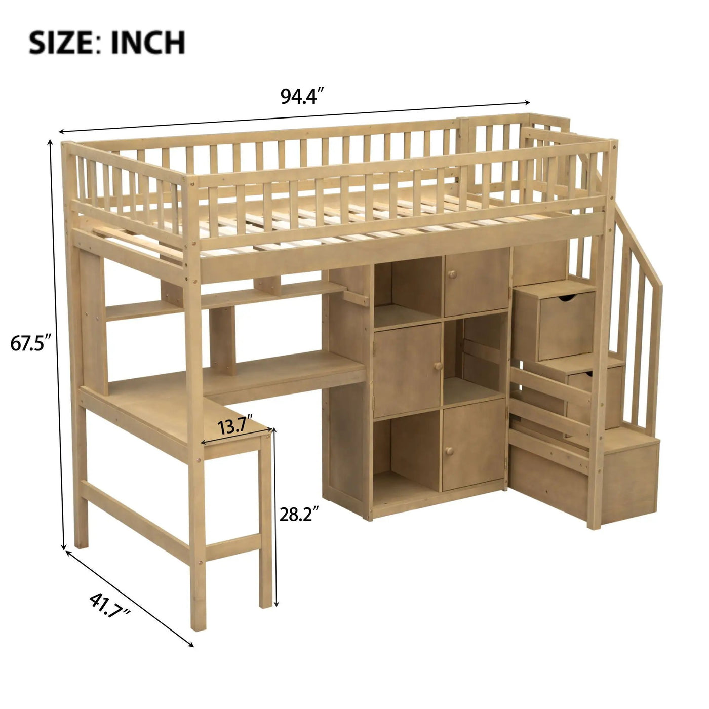 Loft Bed With Built In L Shaped Desk, LED Lights, Storage Shelves, Cabinets, And Staircase by HouseOfZazla