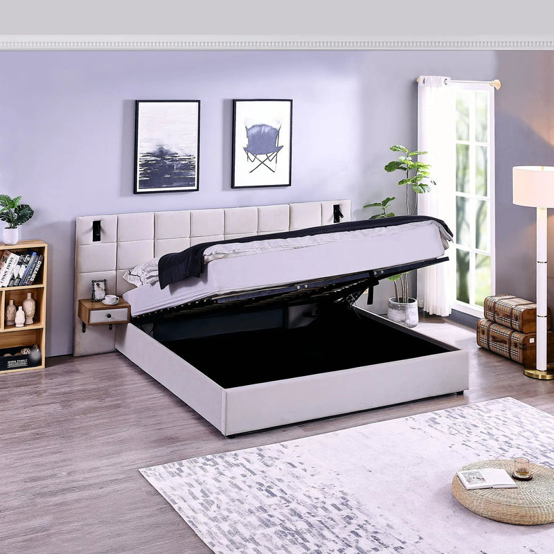 Upholstered Hydraulic Platform Bed With Storage Shelves, Reading Lamps, USB Port by Unique Piece Furniture