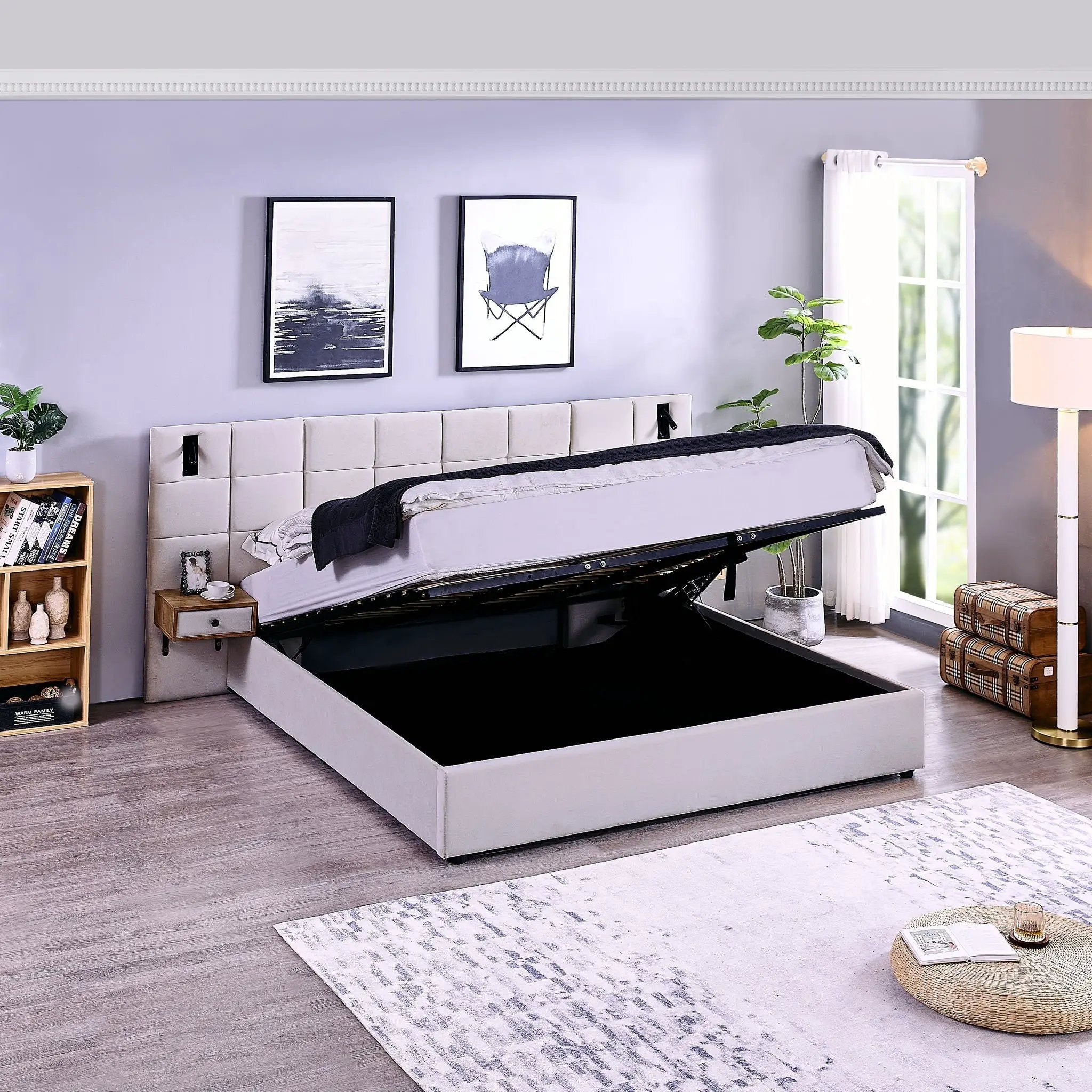 Upholstered Hydraulic Platform Bed With Storage Shelves, Reading Lamps, USB Port by Unique Piece Furniture