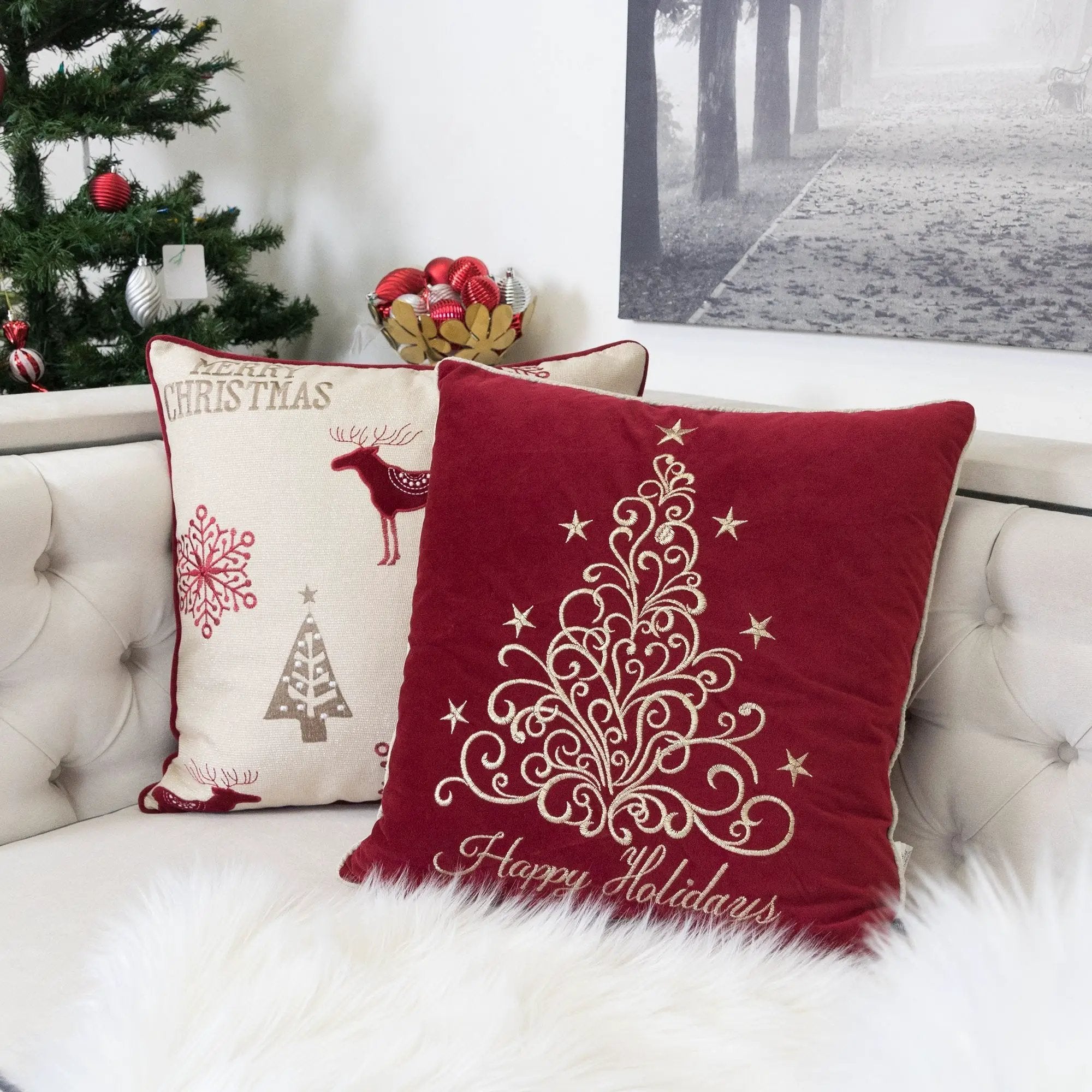Happy Holidays Embroidered Velvet Throw Pillow by HouseOfZazla