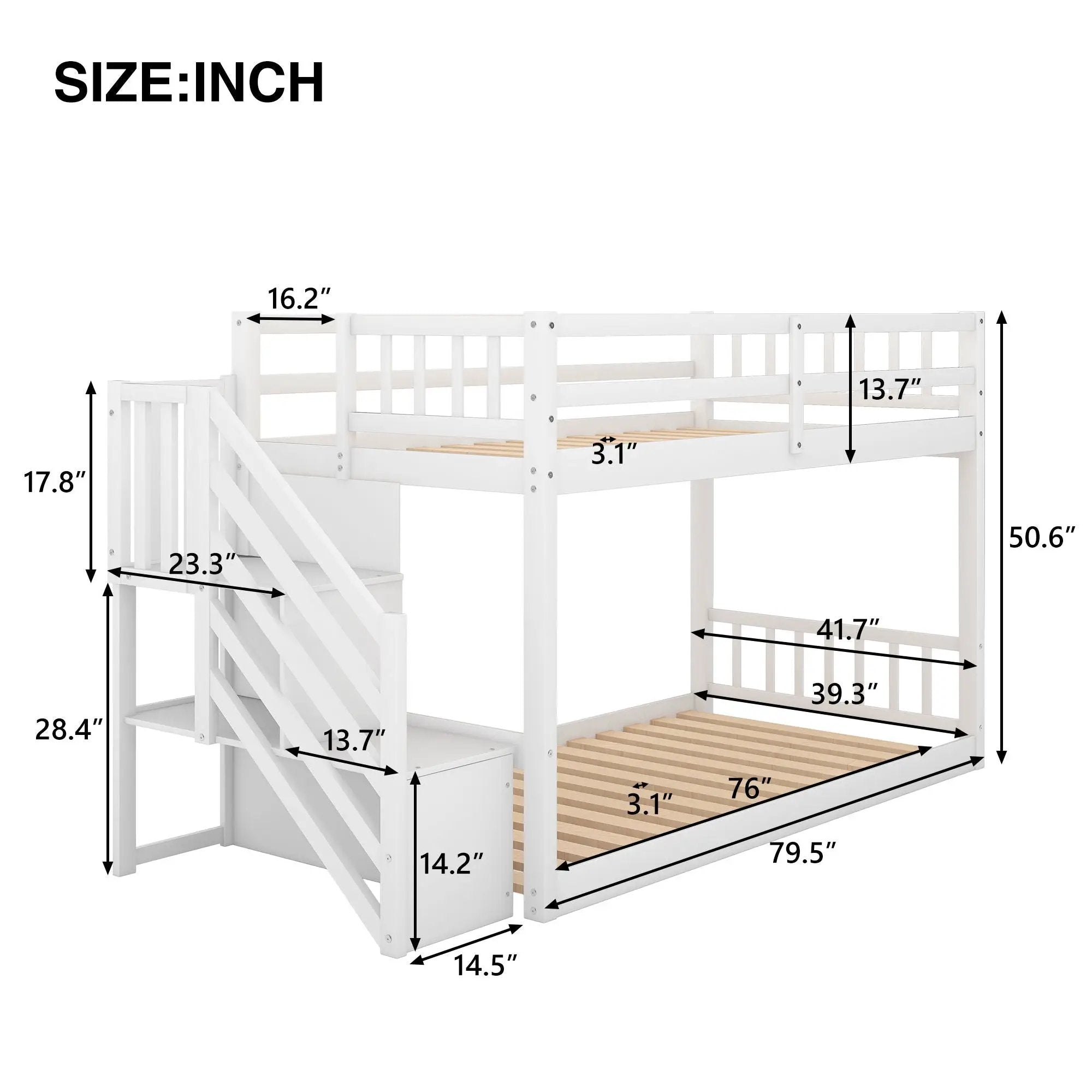 Twin Over Twin Floor Bunk Bed, Ladder With Storage by Unique Piece Furniture