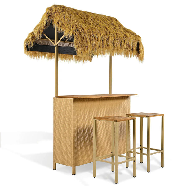Hawaiian-Style Bar Height Patio Set With PE Grass Canopy, Outdoor Bar Table And Stools With Adjustable Feet, Acacia Wood Top, For Dining And Drinking - Natural, photo 2 of 7