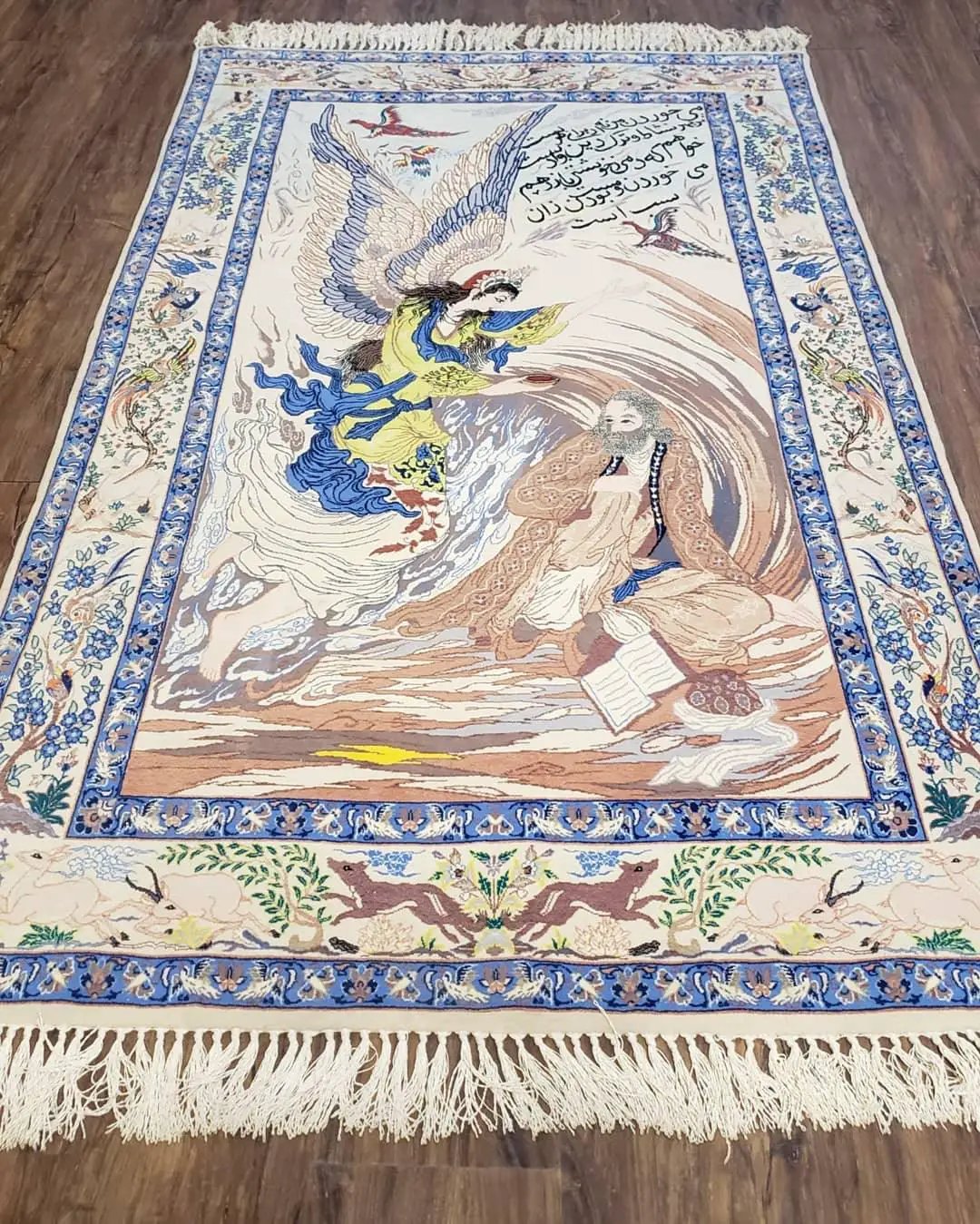Semi Antique Persian Pictorial Rug 3'6" x 6", Angel Speaking to Prophet, Kork Wool on Silk Foundation, Detailed, Animals, Poetry, Wall Hanging Rug by Jewel Rugs