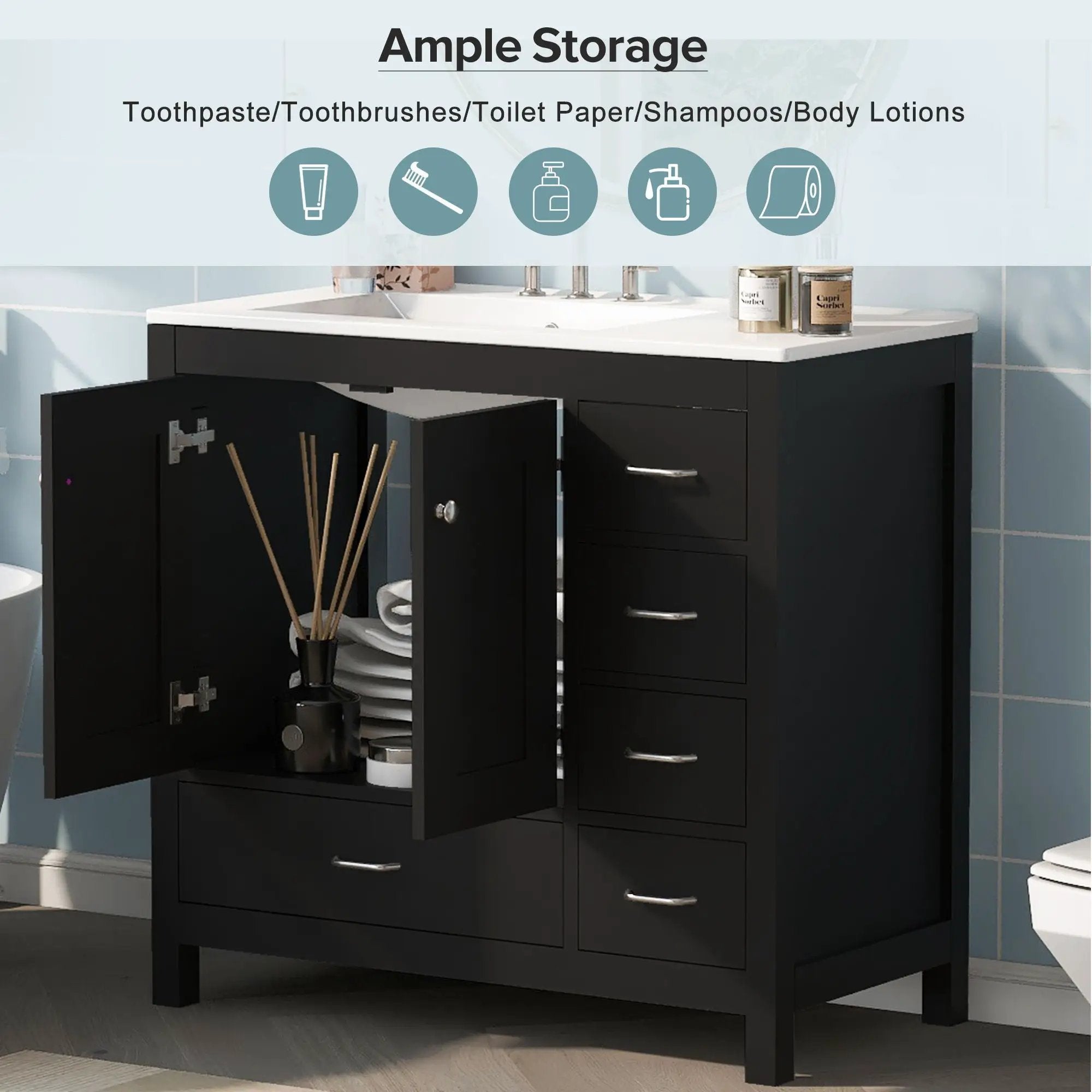 Bathroom Vanity With Ceramic Sink Combo, Abundant Storage Cabinet 2 Soft Close Doors And 5 Drawers by HouseOfZazla