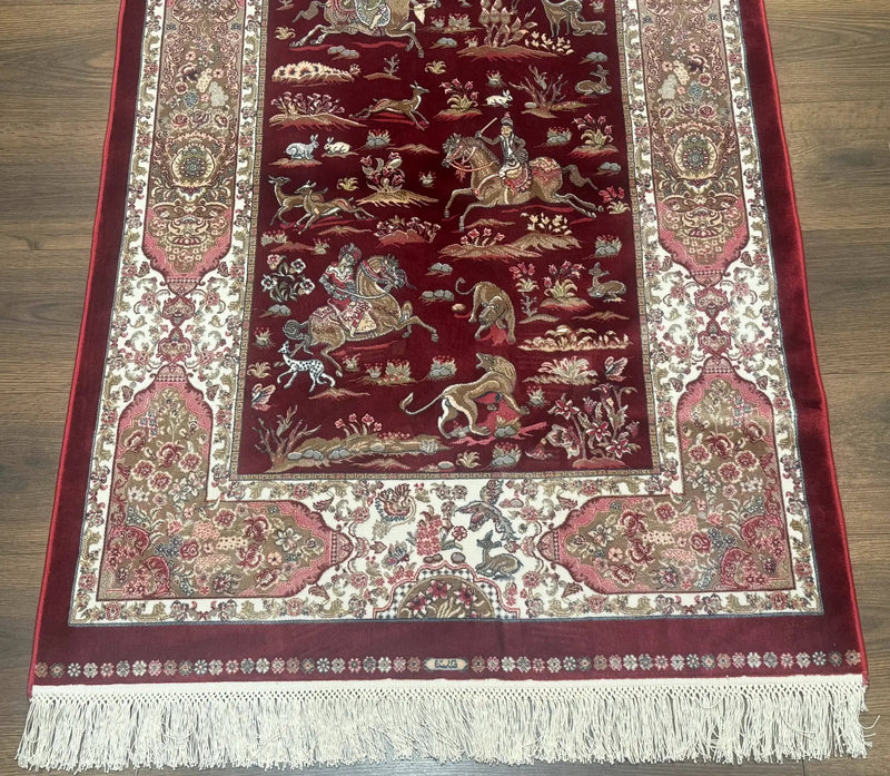 Turkish Silk Rug 3x5, Hunting Design, Dark Red & Ivory, Bamboo Silk, New by Jewel Rugs
