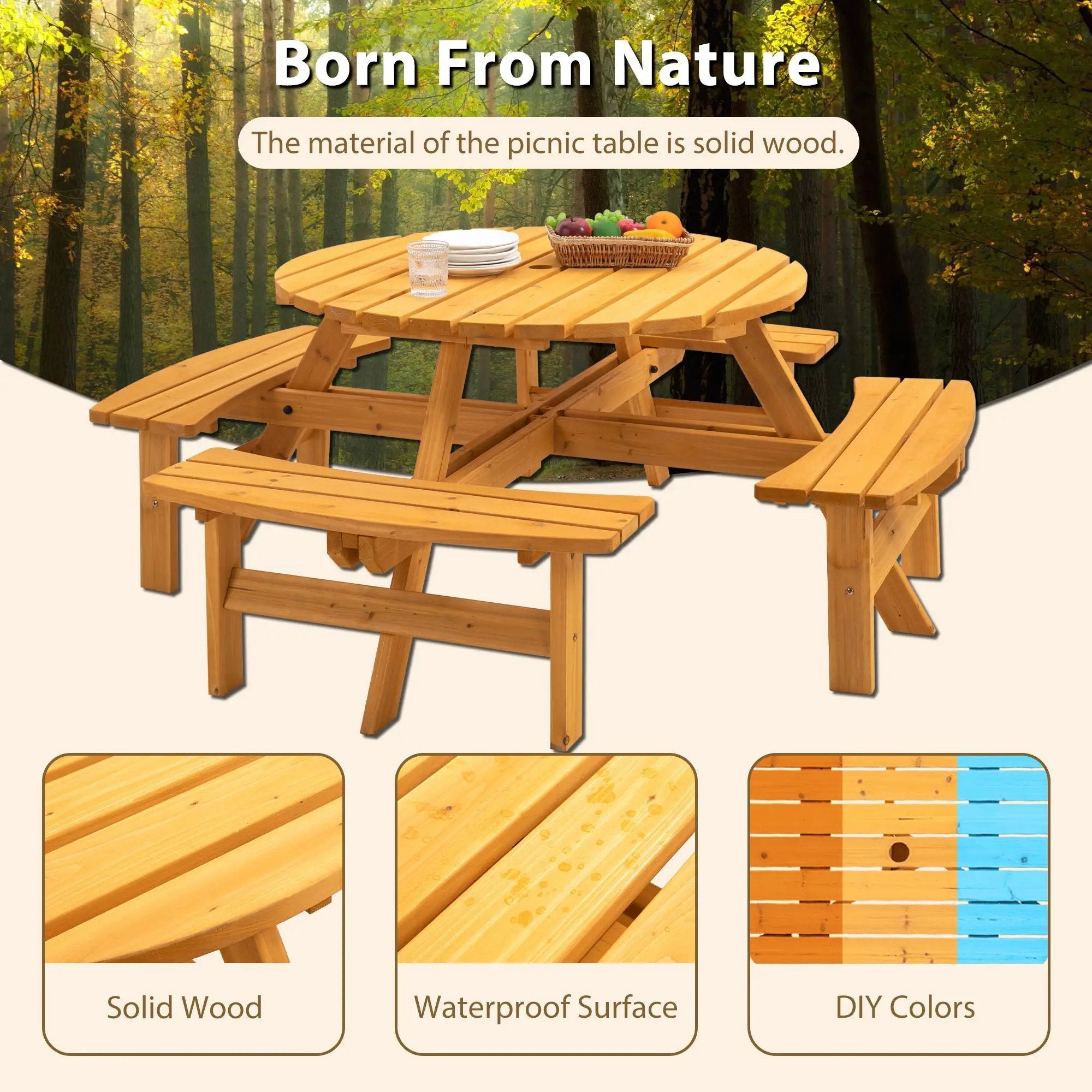 8 Person Wooden Picnic Table, Outdoor Camping Dining Table With Seat, Garden, Diy With 4 Built-In Benches, 2220Lb Capacity by Unique Piece Furniture