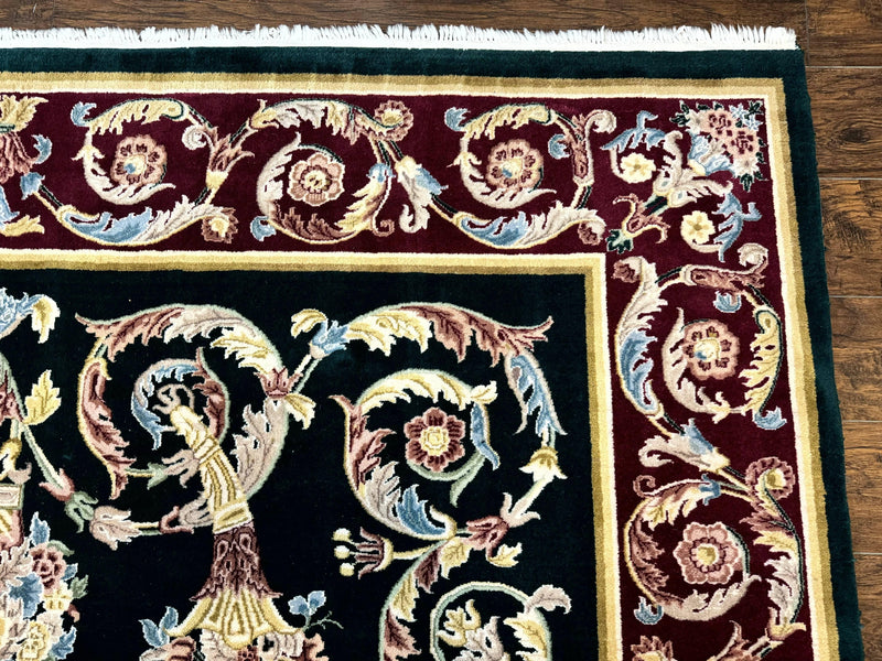 Aubusson Rug 9x12, Dark Green, European Design, Vintage Fine Handmade Carpet, Elegant by Jewel Rugs