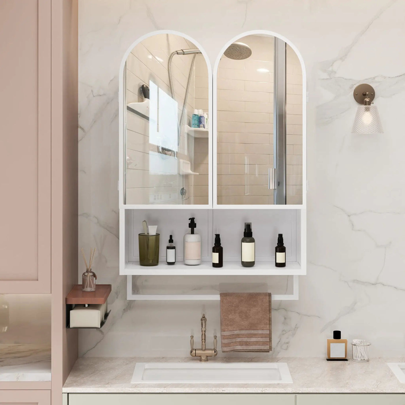 Double Arched Mirror Wall Cabinet With 2 Doors, Featuring Adjustable Shelves And Towel Rack by HouseOfZazla