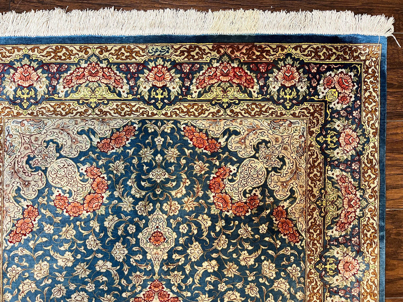 Magnificent Persian Qum Silk Rug 3x5, Blue, Super Fine 675 KPSI - 70 Raj, Floral Roses, Handmade Vintage Silk Carpet, Masterpiece by Jewel Rugs