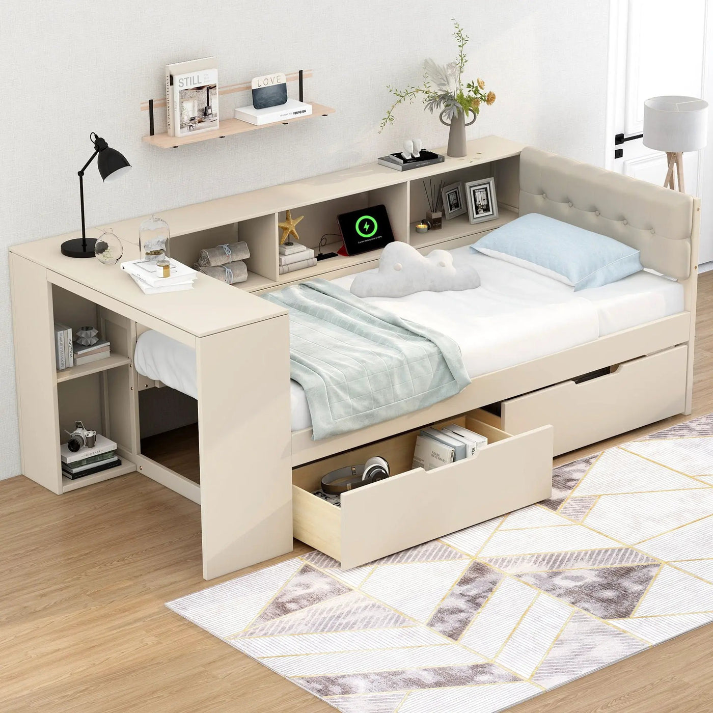 Upholstered Headboard Platform Bed With Storage Shelves, Drawers, Charging Station by HouseOfZazla
