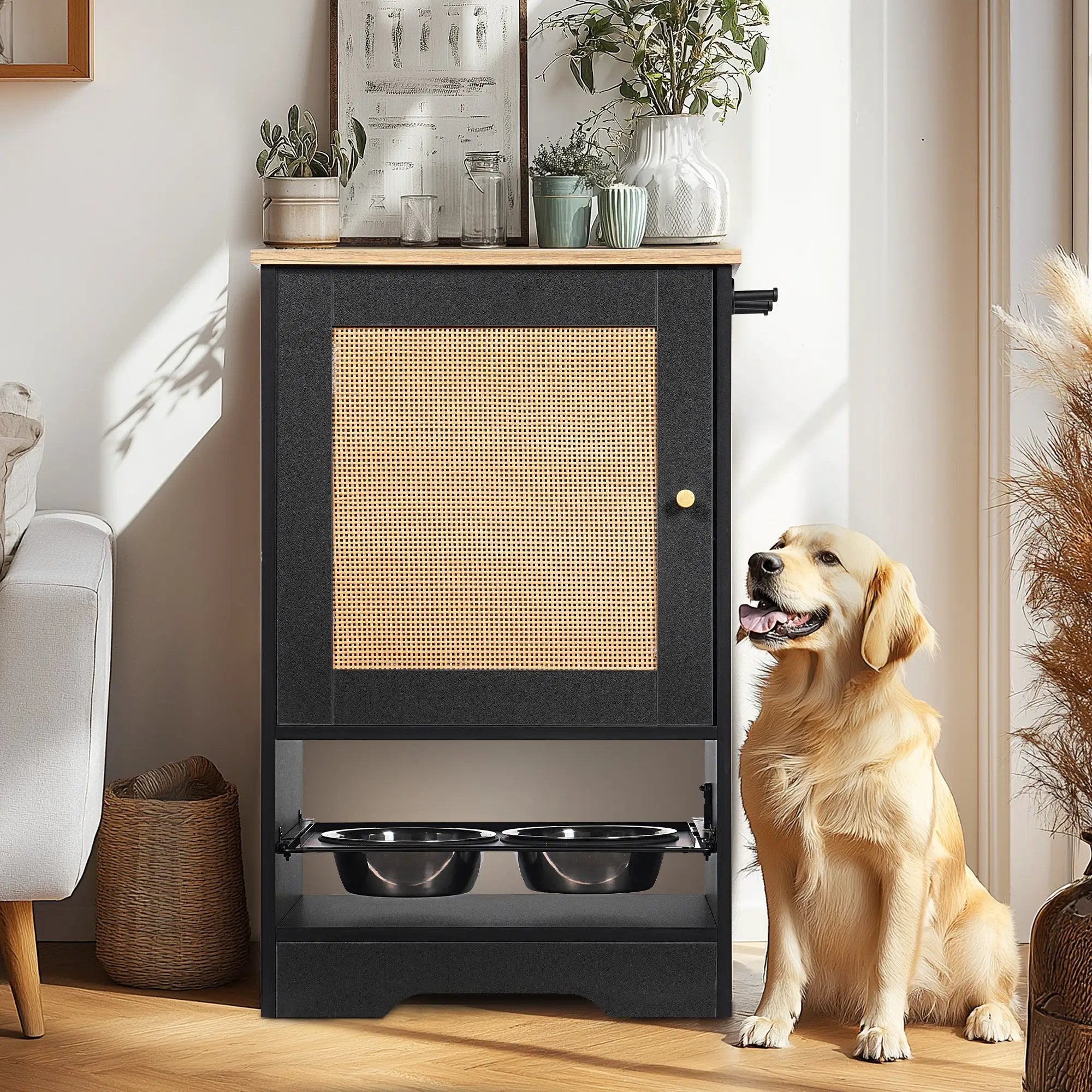 Feeding Station with 1 Storage Cabinet Black by HouseOfZazla