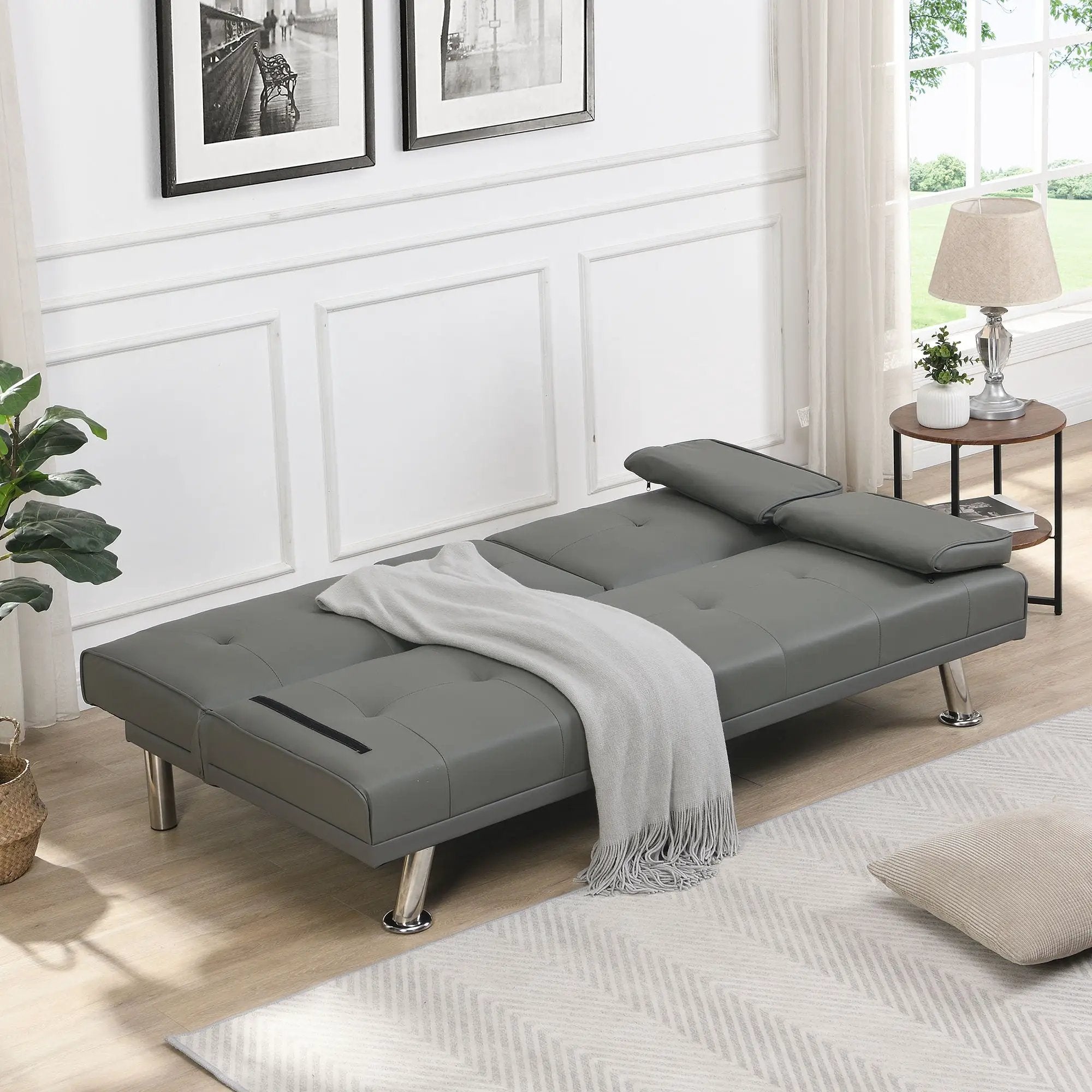 Modern Sofa Bed With Armrest 2 Holders, Wood Frame & Stainless Leg by Unique Piece Furniture