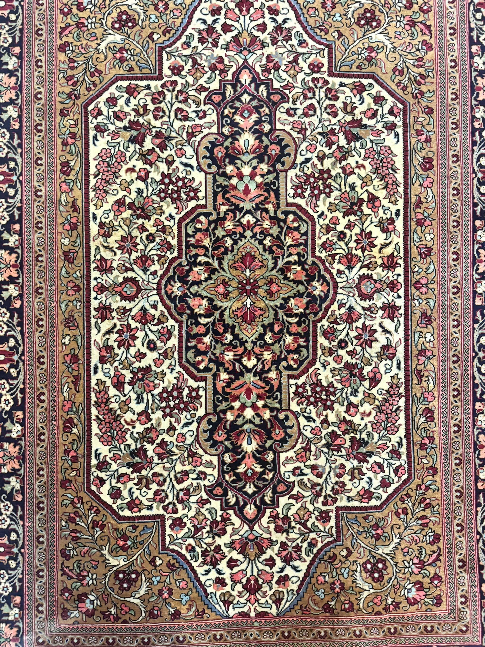 Persian Qum Rug 3.6 x 5, Kork Wool, Very Finely Hand Knotted 325 KPSI, Rare, Semi Antique by Jewel Rugs
