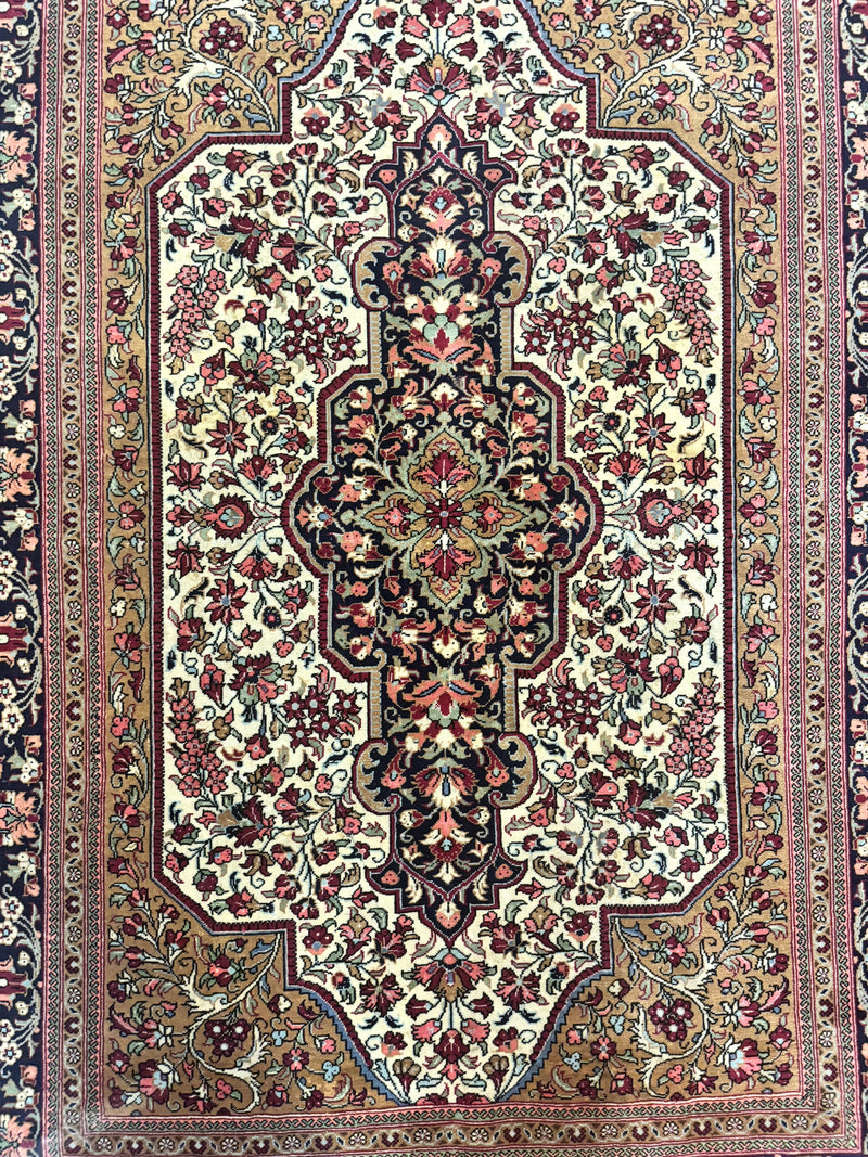 Persian Qum Rug 3.6 x 5, Kork Wool, Very Finely Hand Knotted 325 KPSI, Rare, Semi Antique by Jewel Rugs