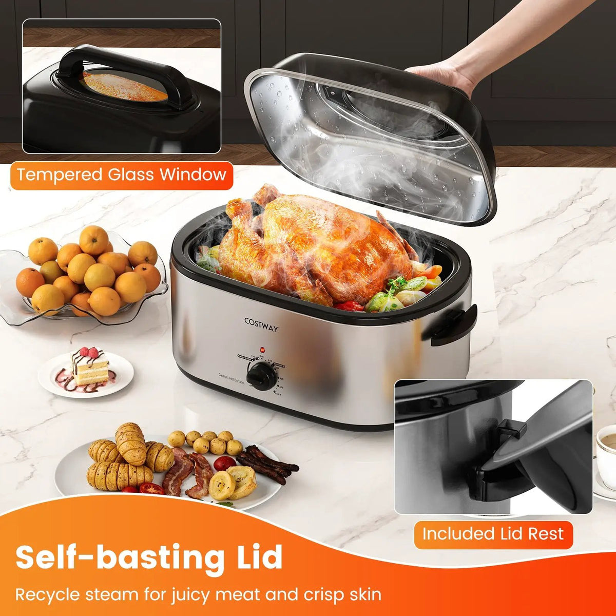 22QT Electric Roaster Oven Turkey Roaster with Visible and Self-Basting Lid by DirectDeals