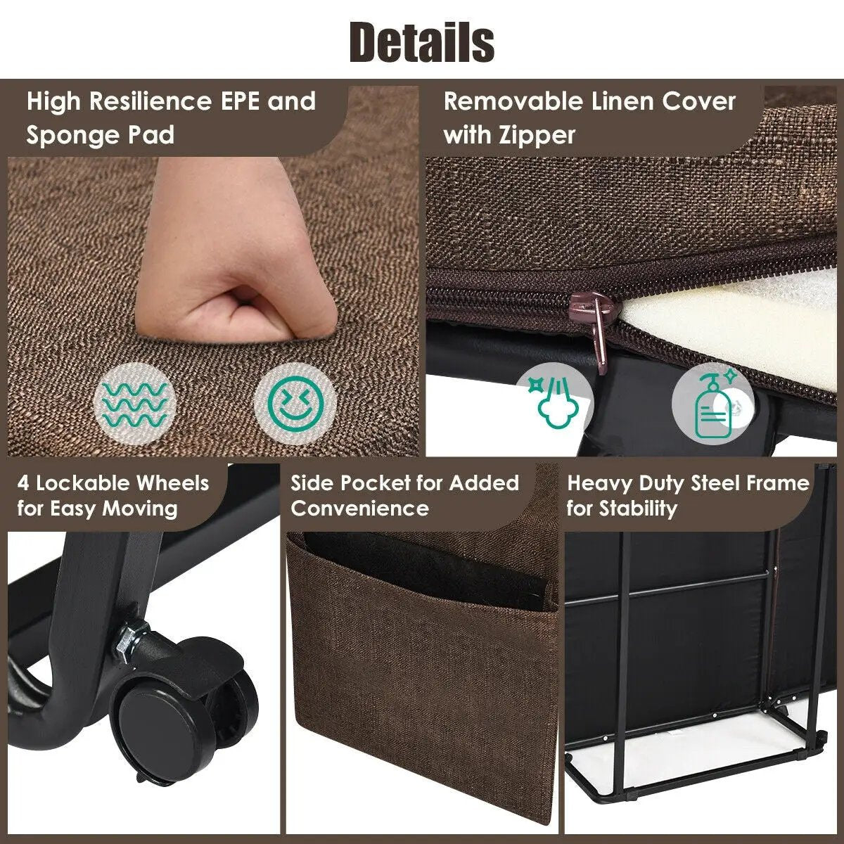 Folding Guest Sleeper Bed w/6 Position Adjustment-Brown by DirectDeals