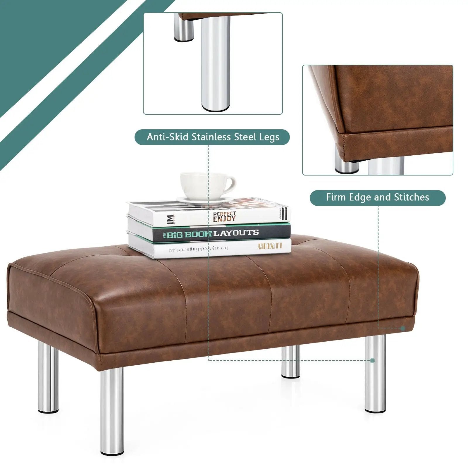 Rectangle Tufted Ottoman with Stainless Steel Legs for Living Room by DirectDeals