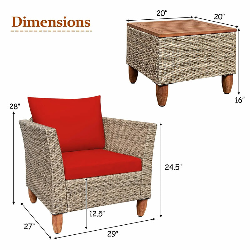 3 Pieces Patio Rattan Furniture Set with Washable Cushion for Yard Porch by DirectDeals
