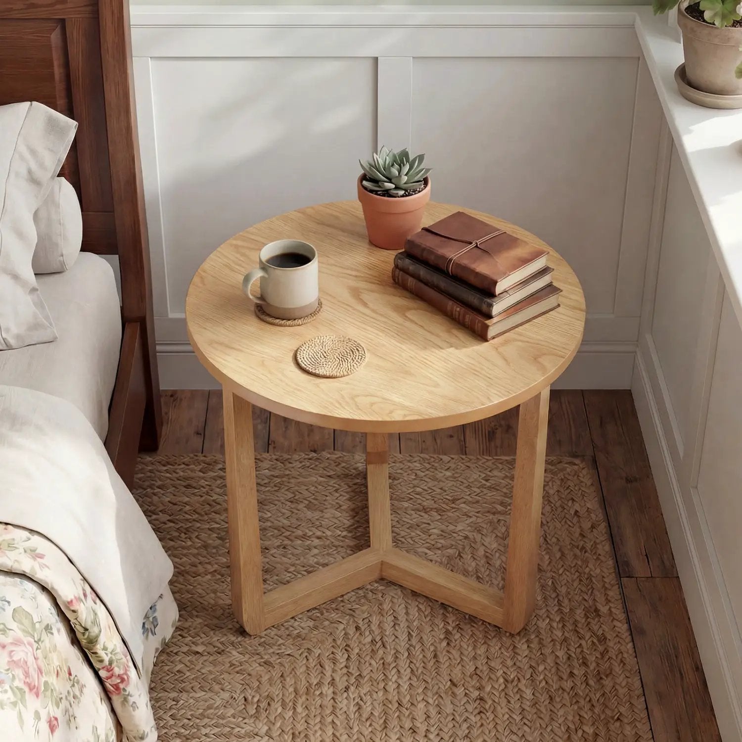 22.5 inch Round Side Table Farmhouse End Table with Sturdy Rubber Wood Legs and Triangular Structure by DirectDeals