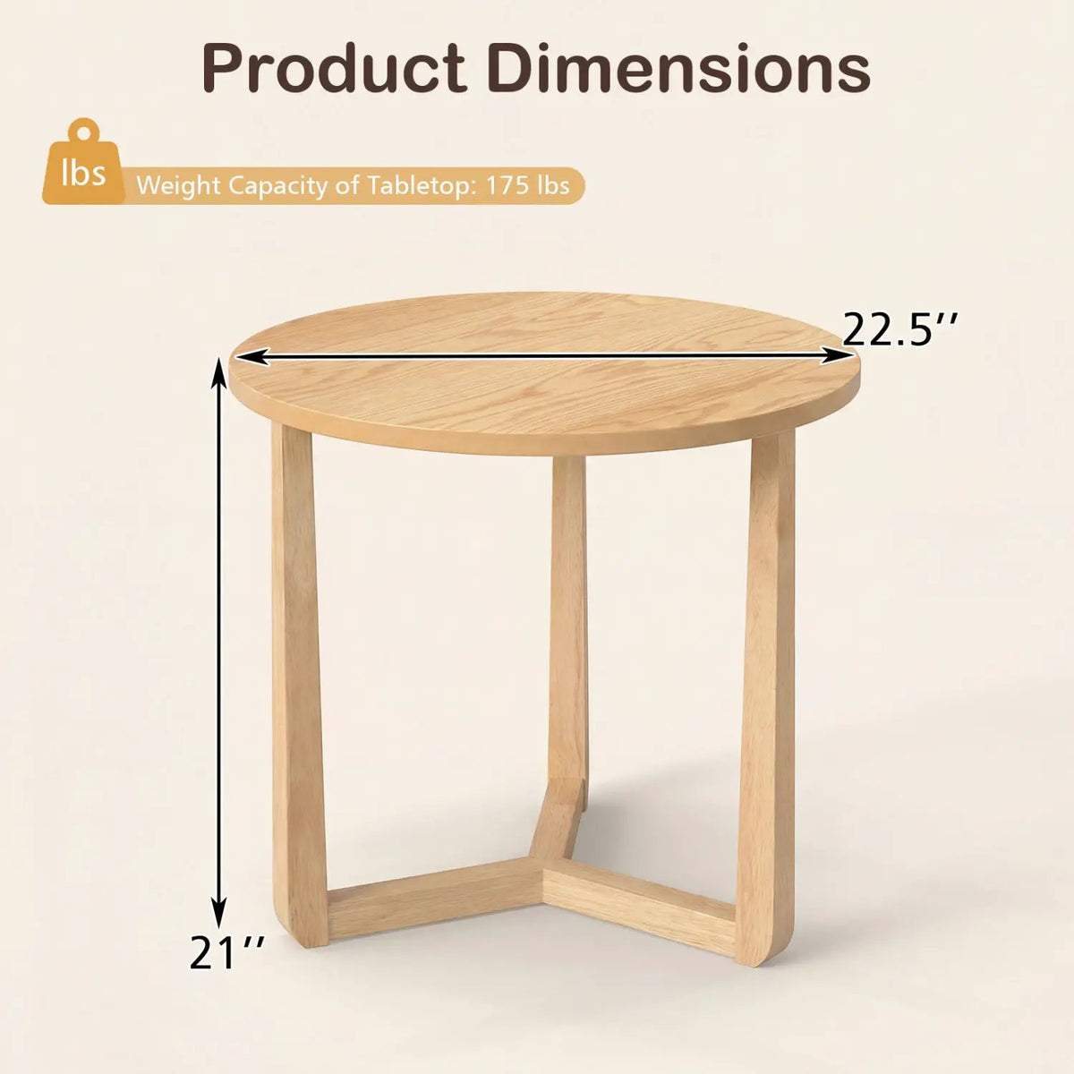 22.5 inch Round Side Table Farmhouse End Table with Sturdy Rubber Wood Legs and Triangular Structure by DirectDeals