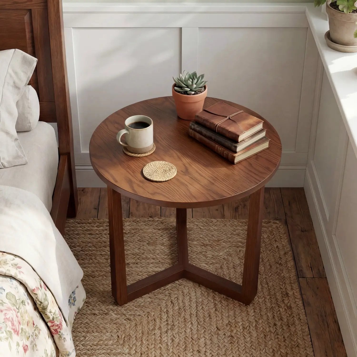 22.5 inch Round Side Table Farmhouse End Table with Sturdy Rubber Wood Legs and Triangular Structure by DirectDeals
