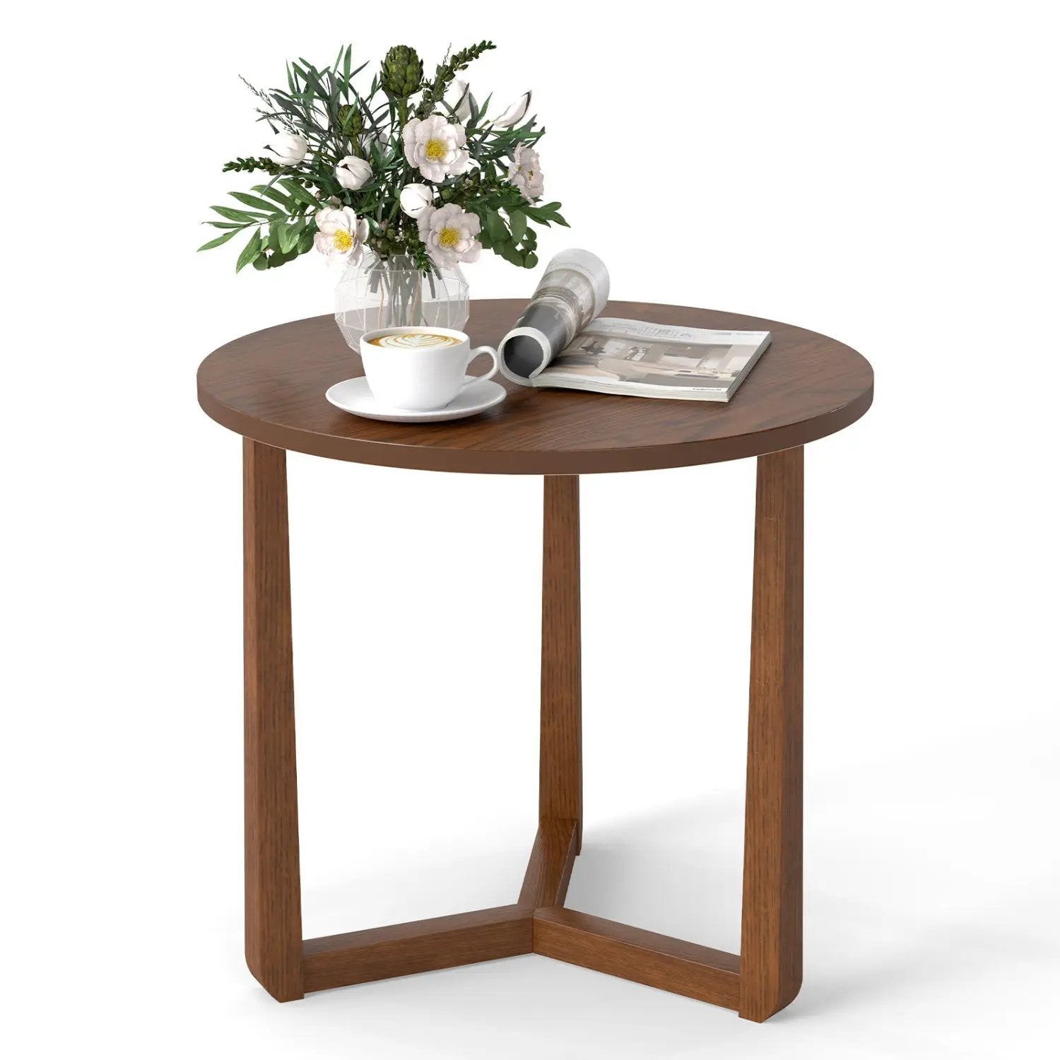 22.5 inch Round Side Table Farmhouse End Table with Sturdy Rubber Wood Legs and Triangular Structure by DirectDeals