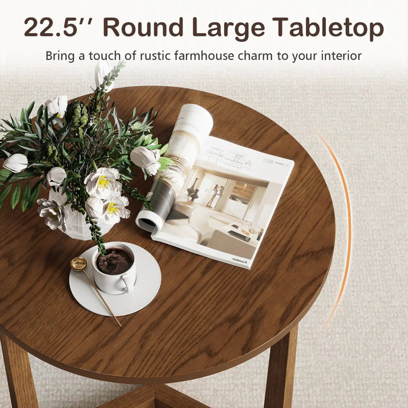 22.5 inch Round Side Table Farmhouse End Table with Sturdy Rubber Wood Legs and Triangular Structure by DirectDeals