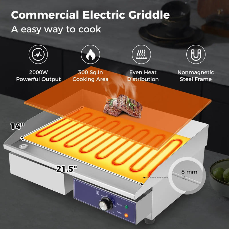 22 Inch Countertop Electric Griddle 2000W 110V Commercial Stainless Steel Grill-Silver by DirectDeals