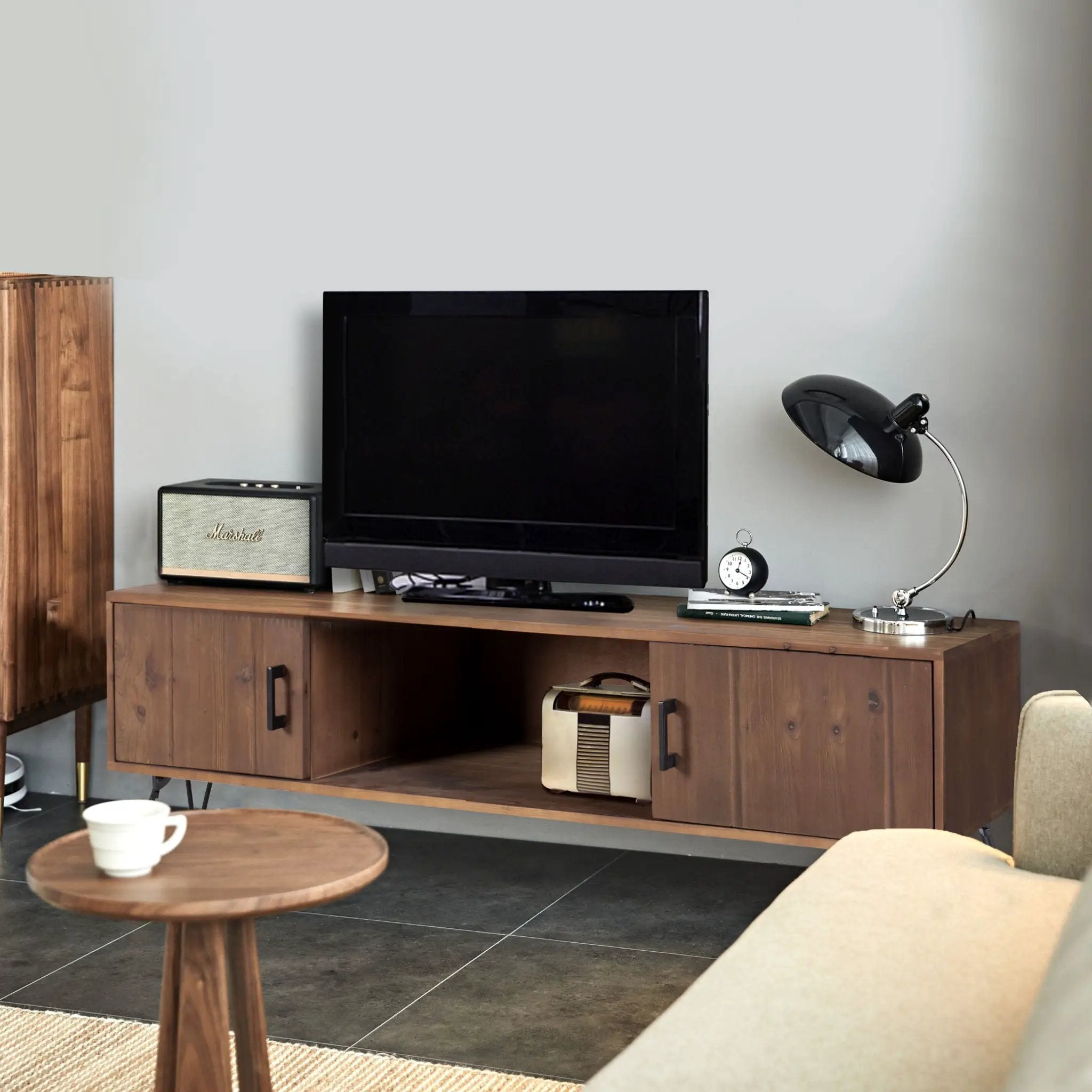 Industrial Style Reclaimed Wood Media TV Stand With Storage Cabinet For Living Media Room - Natural by HouseOfZazla