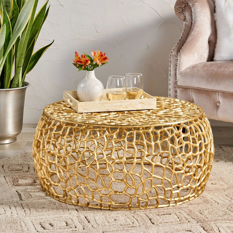 Modern Glam Mesh Coffee Table with Gold Accents and Aluminum Frame by HouseOfZazla