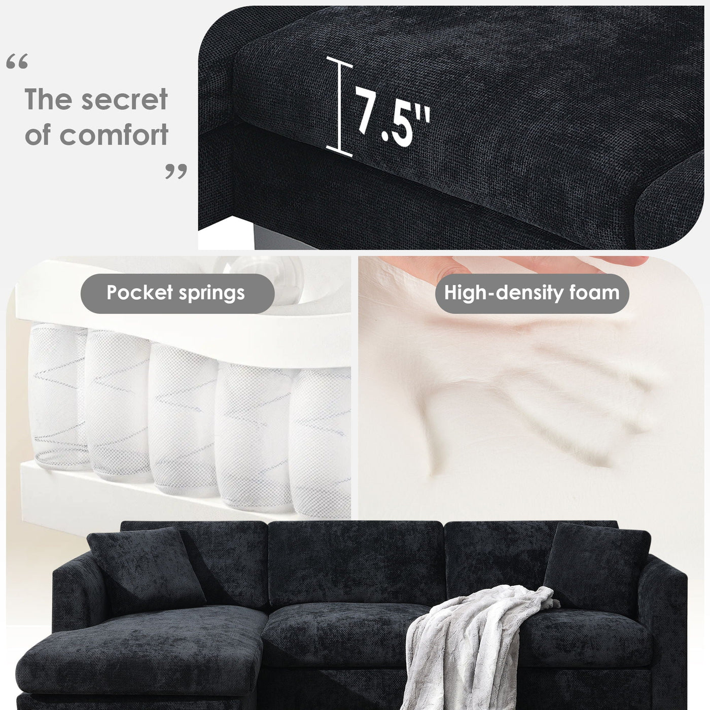 Modern Cloud Sectional Sofa L Shaped Luxury Couch Set With 2 Free Pillows 4 Seat With Oversized Chaise by Unique Piece Furniture